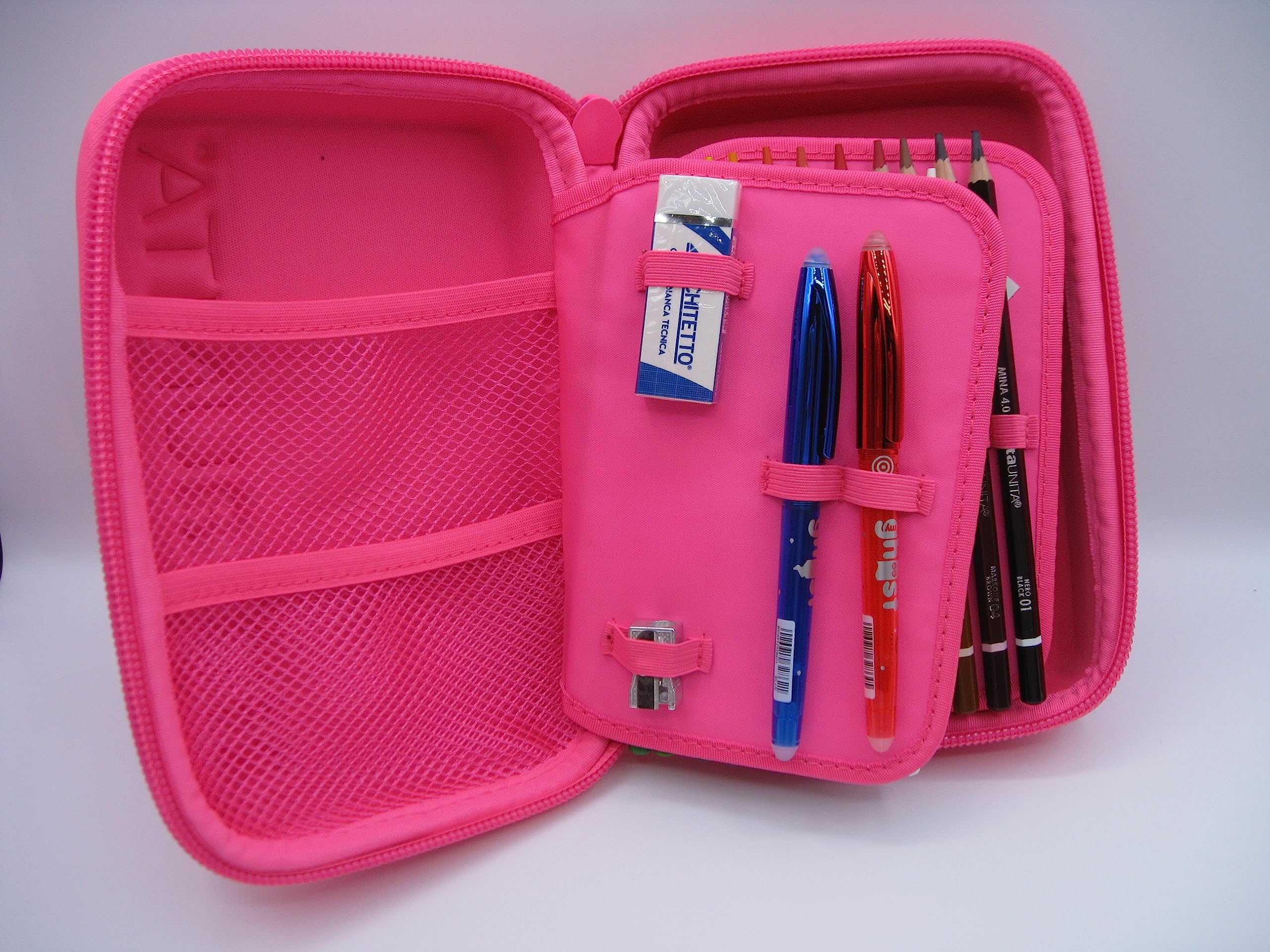 Estuche de color Untia One Time completo con 3 compartimentos, 1 cremallera, Fucsia Fluo, Estuche