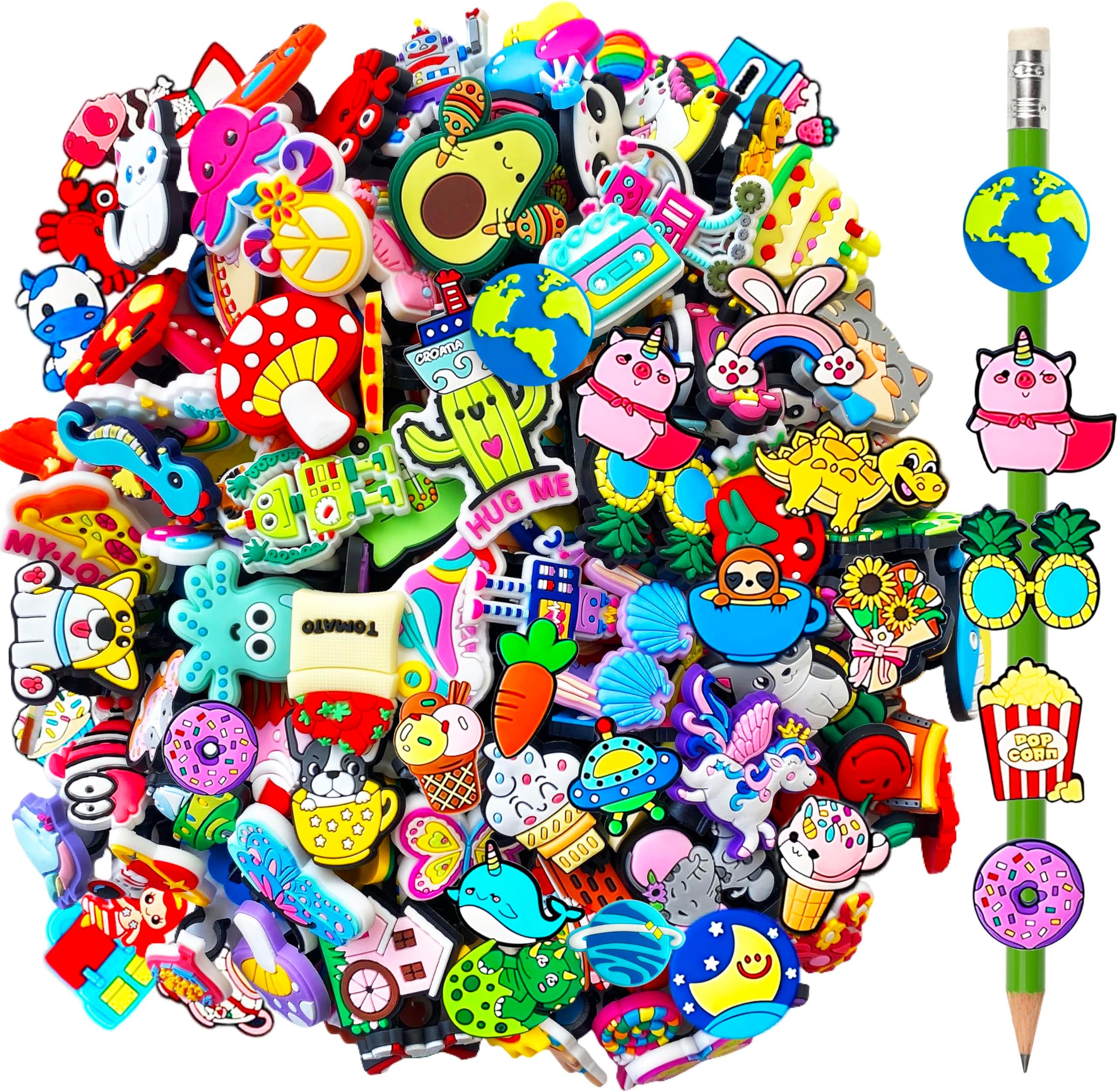 Muiyaneq 100 Pcs Cute Pencil Topper Decoation,Mixed Different Style Lovely Pencil Clips,Bulk Pen Toppers Charm Accessories for Kids,Classroom Rewards Prizes Gift for Students, medium