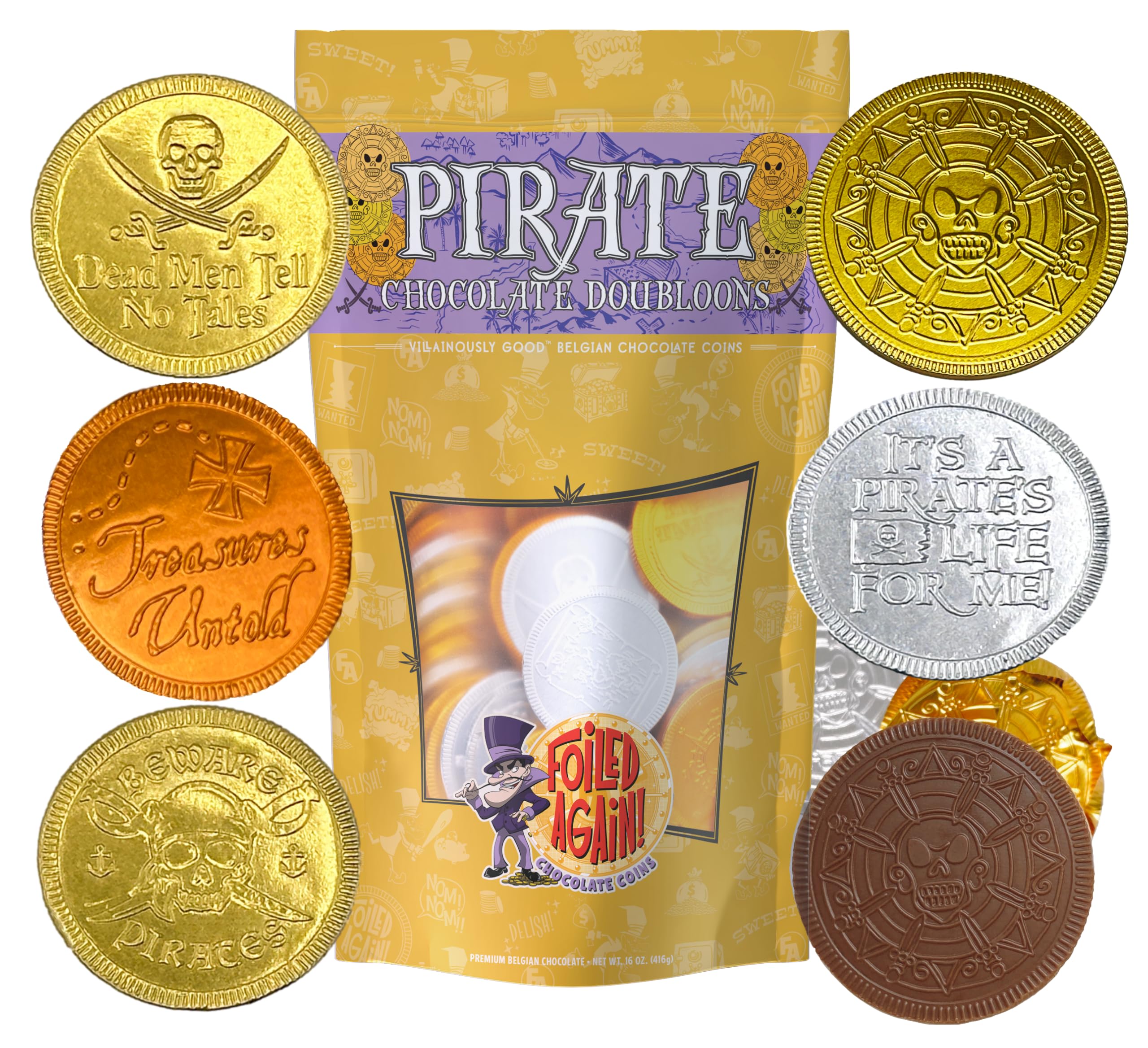 Pirate Chocolate Coins – 80 Large Doubloons, Belgian Milk Chocolate, Gold Silver & Bronze Foils – Party Favors for Talk Like a Pirate Day – Foiled Again!
