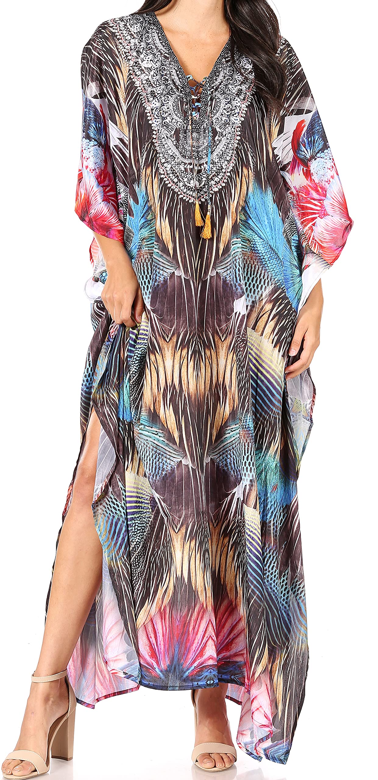 Sakkas Yeni Women's Short Sleeve V-Neck Summer Floral Long Caftan Dress Cover-up