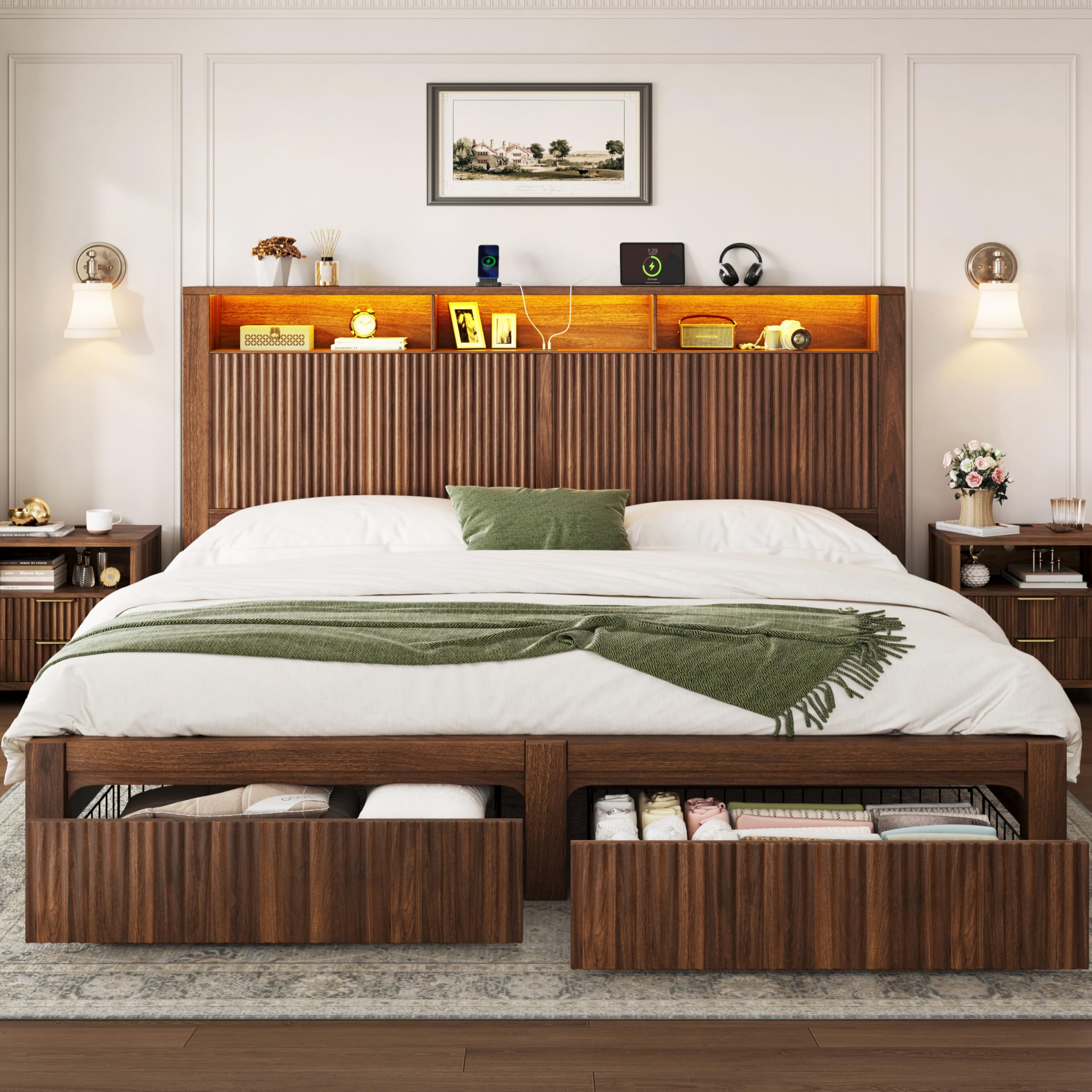Amazon.com: CypBed King Size Bed Frame and Headboard& 2 Storage