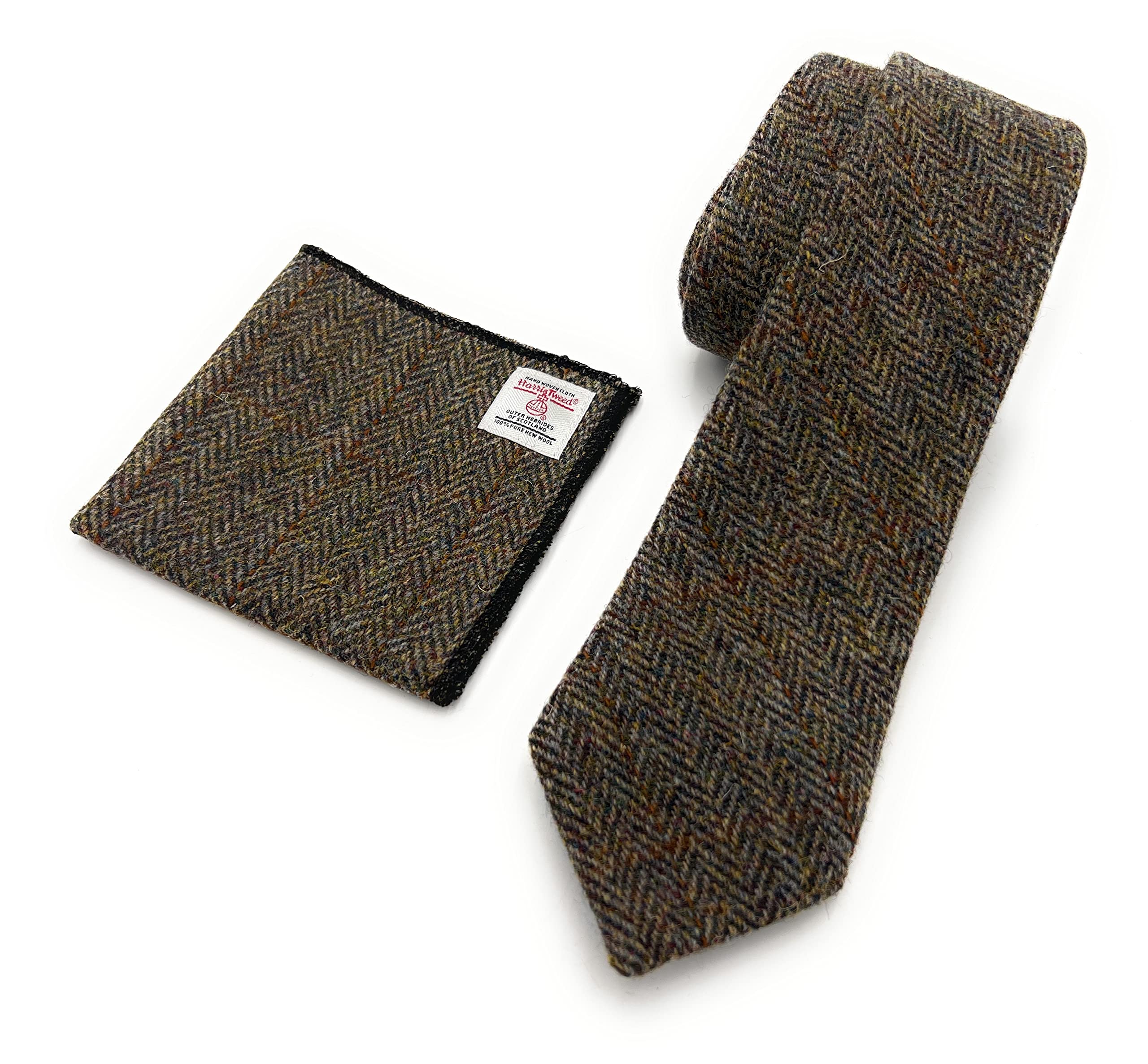 Tartan Tweeds Mens Harris Tweed Brown Herringbone Necktie Handkerchief Pocket Square Set