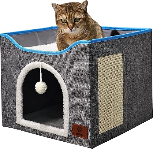 Elevon Camas para gatos de interior, casa plegable para gatos adecuada para todas las estaciones, apartamento cubo para gatos con tabla de rascar