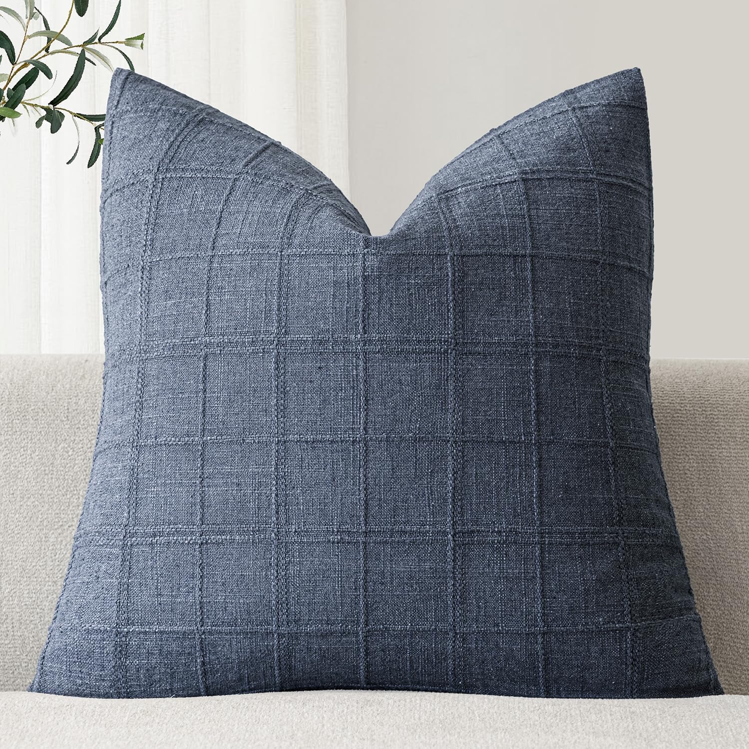 Foindtower Set of 1 Decorative Linen Check Throw Pillow Cover Neutral Farmhouse Vintage Cushion Cover Modern Coastal Boho Home Decor for Sofa Chair Couch Bedroom Living Room Outdoor,16×16 Inch,Blue