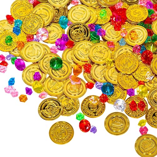 100 Pieces Gold Coins and 100 Pieces Gem Jewelry Fake Gold Coins for Pirate Treasure Party Decor Halloween Adventure Themed Event Party Supplies