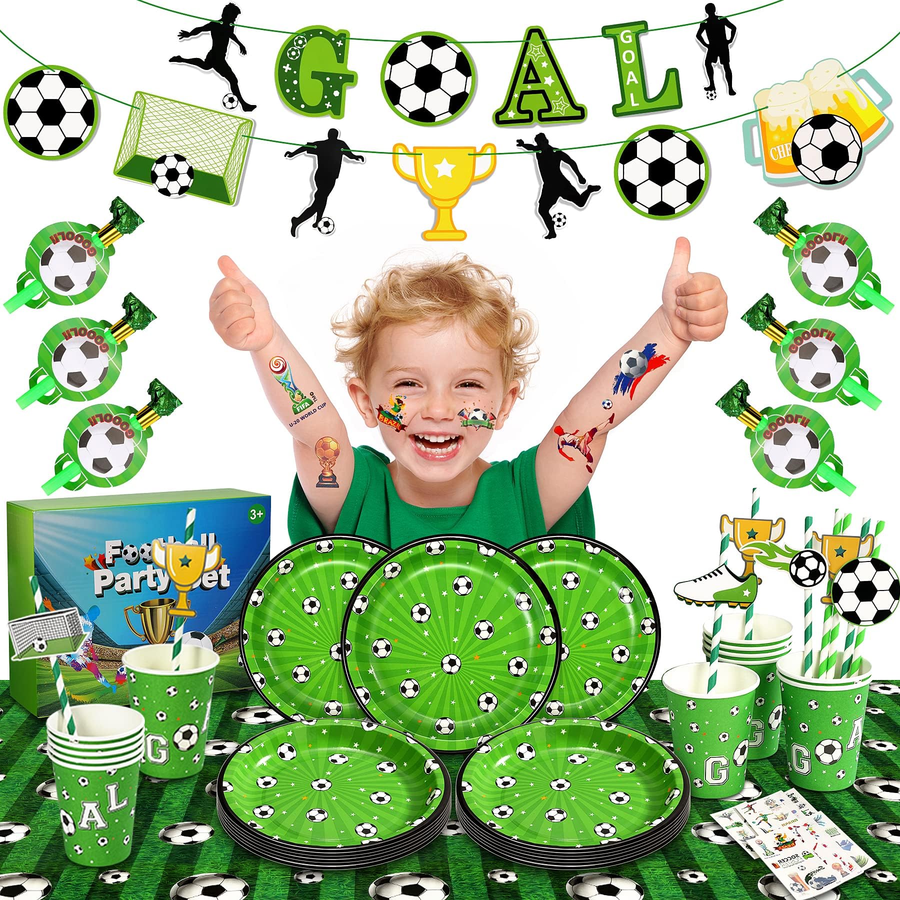 Jojoin Football Party Supplies - 91PCS Football Party Decorations Set Includes Plates Cups Blowers Tablecloth Tattoos Straws Decoration Straws Banner - Sports Theme Birthday Tableware Serves 16 Guests