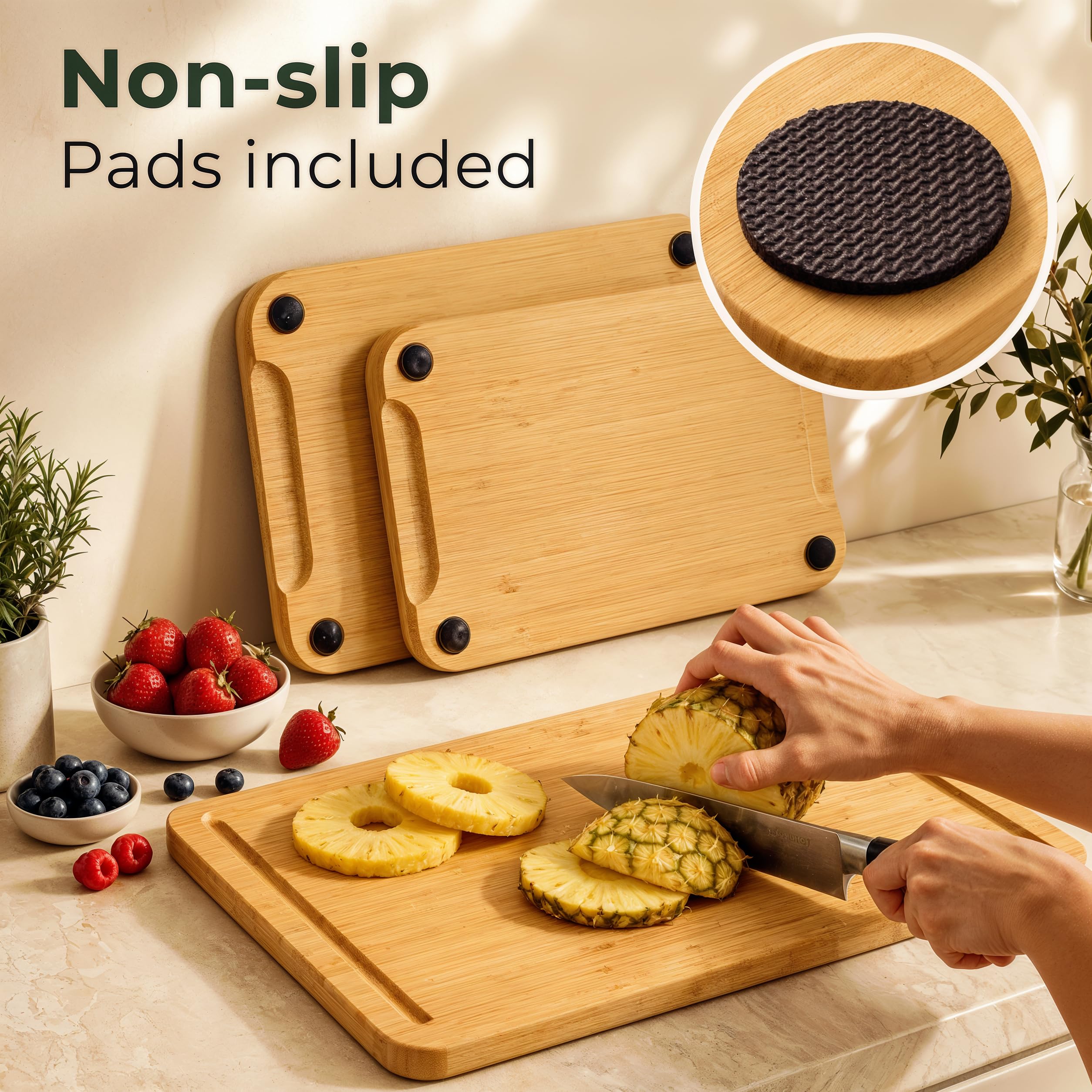 Juego de 3 tablas de cortar de bambú, tablas de cortar de madera gruesas y duraderas con ranuras profundas para jugo y asas integradas, superficie grande, fácil de limpiar, para carne, verduras y