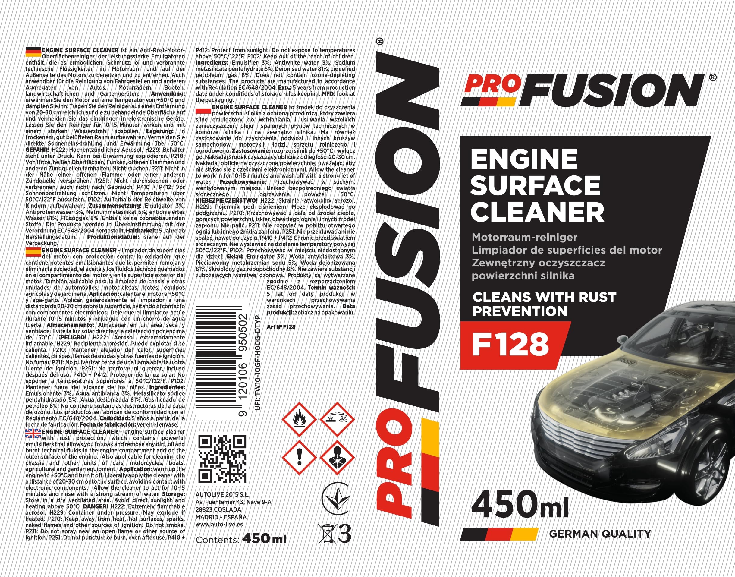 ProFusion Reinigungsspray für Motor - reinigt Außenflächen Öl, Fett, Staub und Schmutz - F128 Engine Surface Cleaner 450 ml (6)