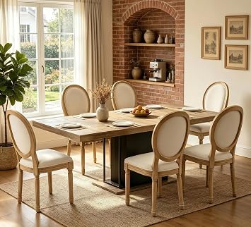 7 Piece Extendable Dining Table Set for 6-8, 78.7" Expandable Brown Wood Pedestal Kitchen Table and 6 French Upholstered Chairs, Farmhouse Large Extending Dining Room Furniture Sets
