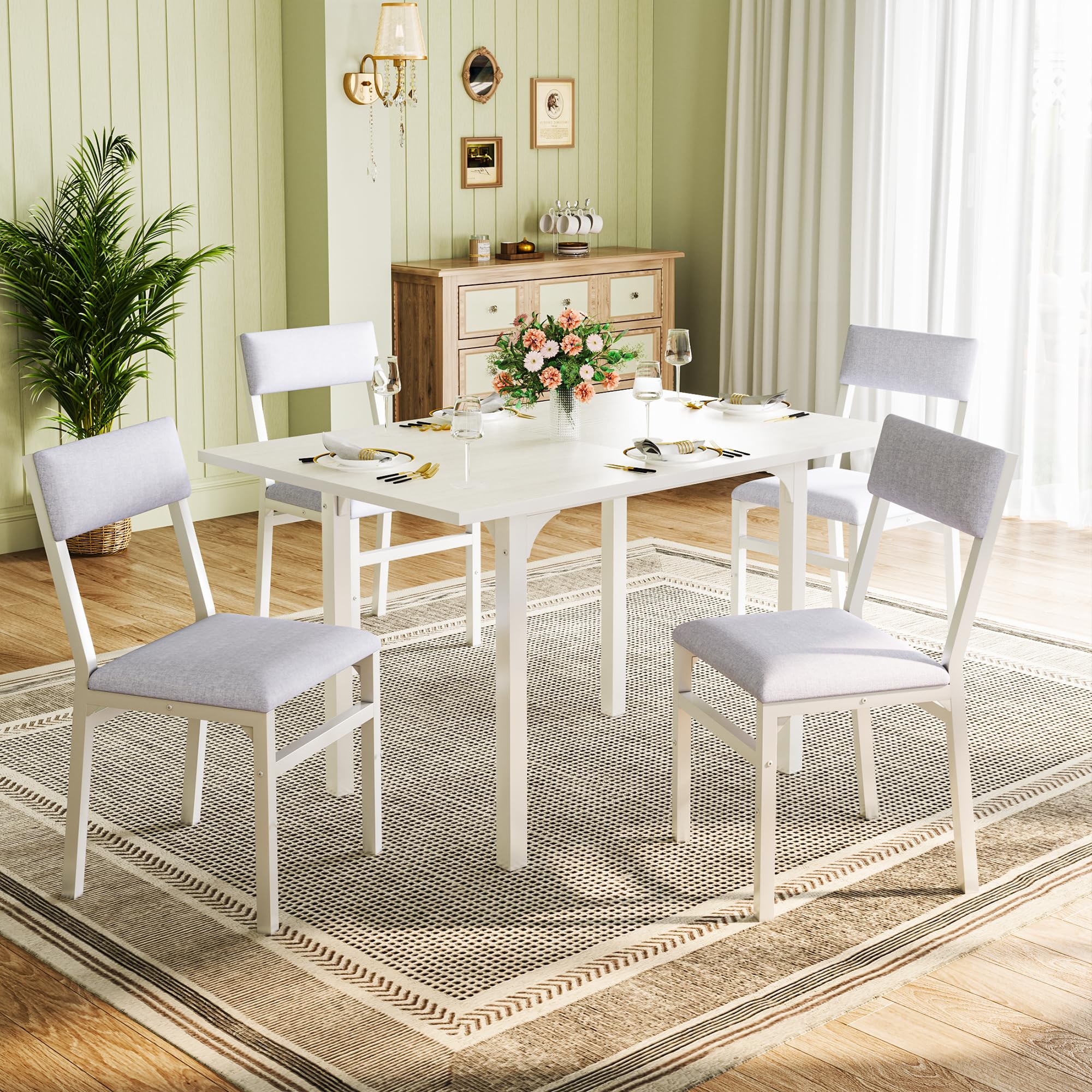 Dining Table Set for 4, Extendable Kitchen Table Cushion Chairs Set of 4, Rectangle Dining Table with Metal Frame & MDF Board, Folding for Small Apartment Saving Space, WhiteThe Forest Stewardship Council