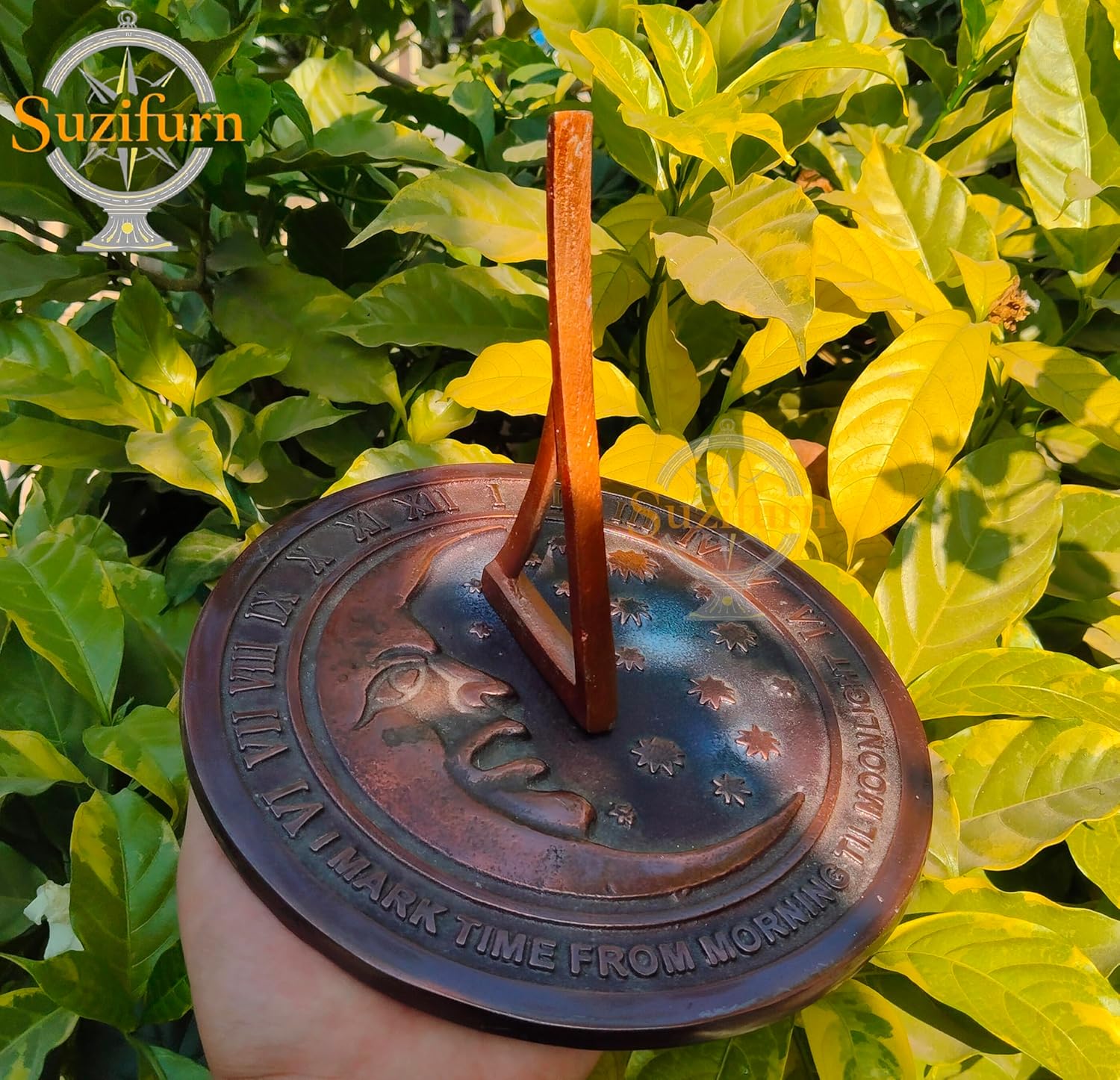 Moon and Star Garden Sundial, Cast Iron with Verdigris Finish
