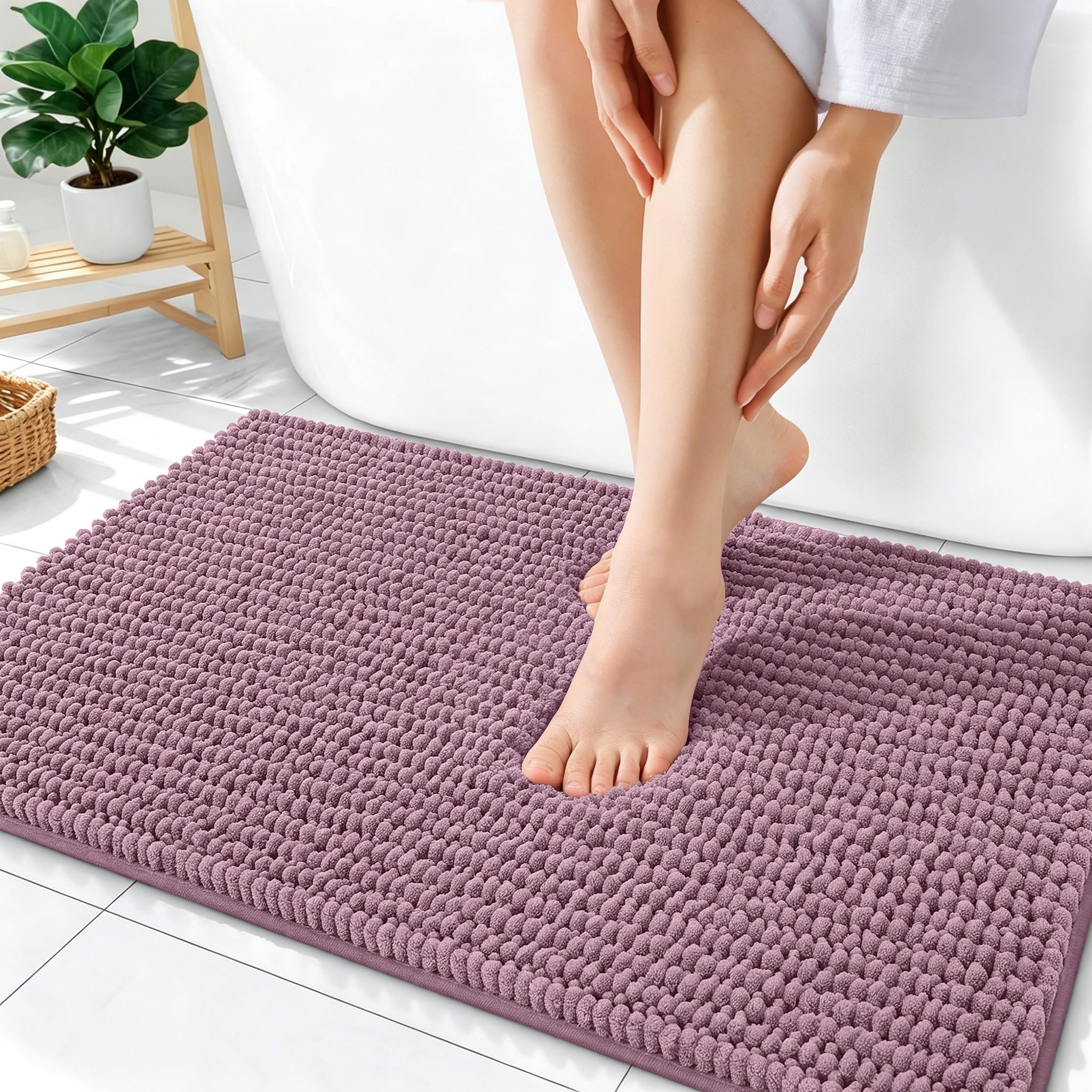 OLANLY Thick Chenille Absorbent Bathroom Rugs Mat 36x24, Deep Plum