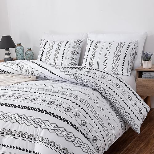Miniatura 5 de Juego de funda de edredón azteca bohemio tamaño individual, diseño geométrico a rayas blancas, 68 x 90 pulgadas, con cierre de cremallera y 1 funda
