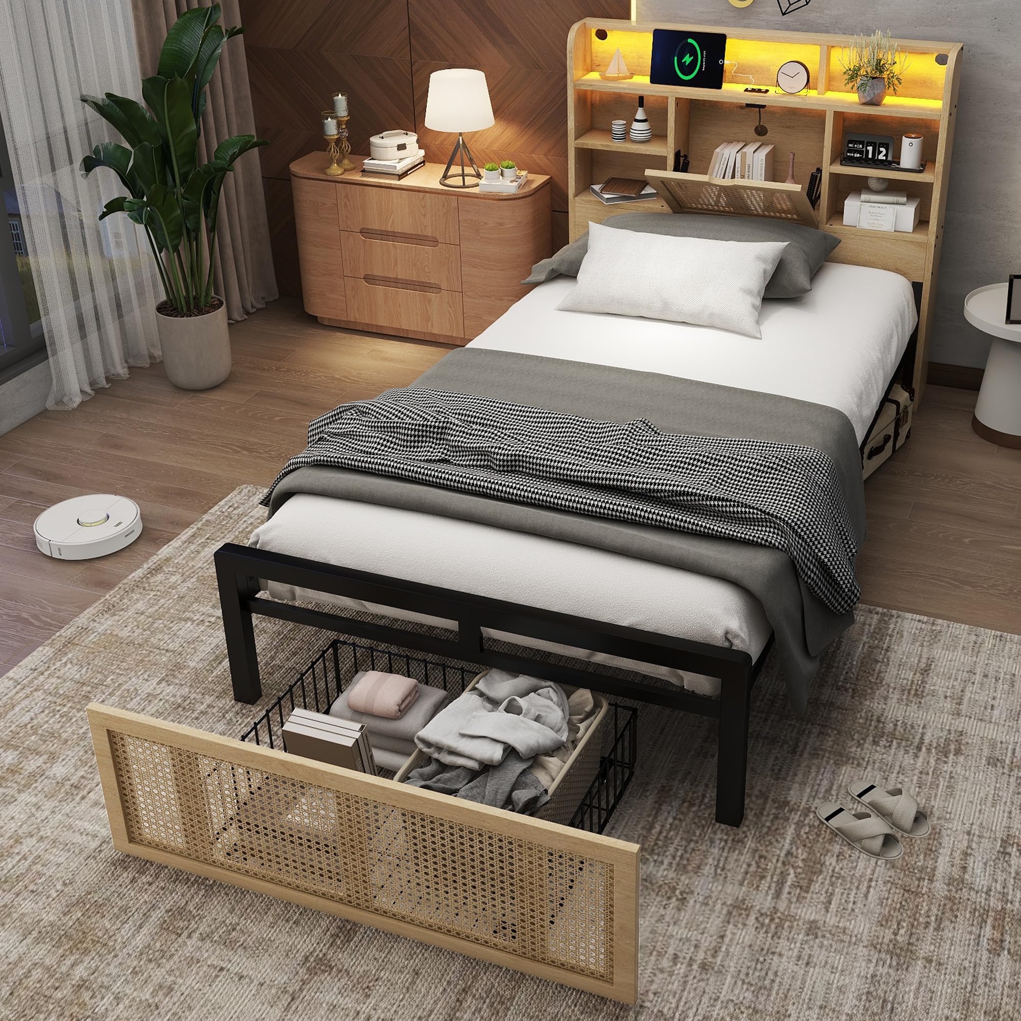 Merax Single bed frame, 3FT single Bed with Storage Drawer, Storage Headboard with LED light strip, Charging Port, PE Rattan-Style, for adults&teenagers(No Mattress), Wood colour/90 * 190CM