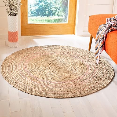 SAFAVIEH Natural Fiber Round Collection NF807U - Alfombra redonda de yute trenzada de yute de 4 pies, hecha a mano, color rosa