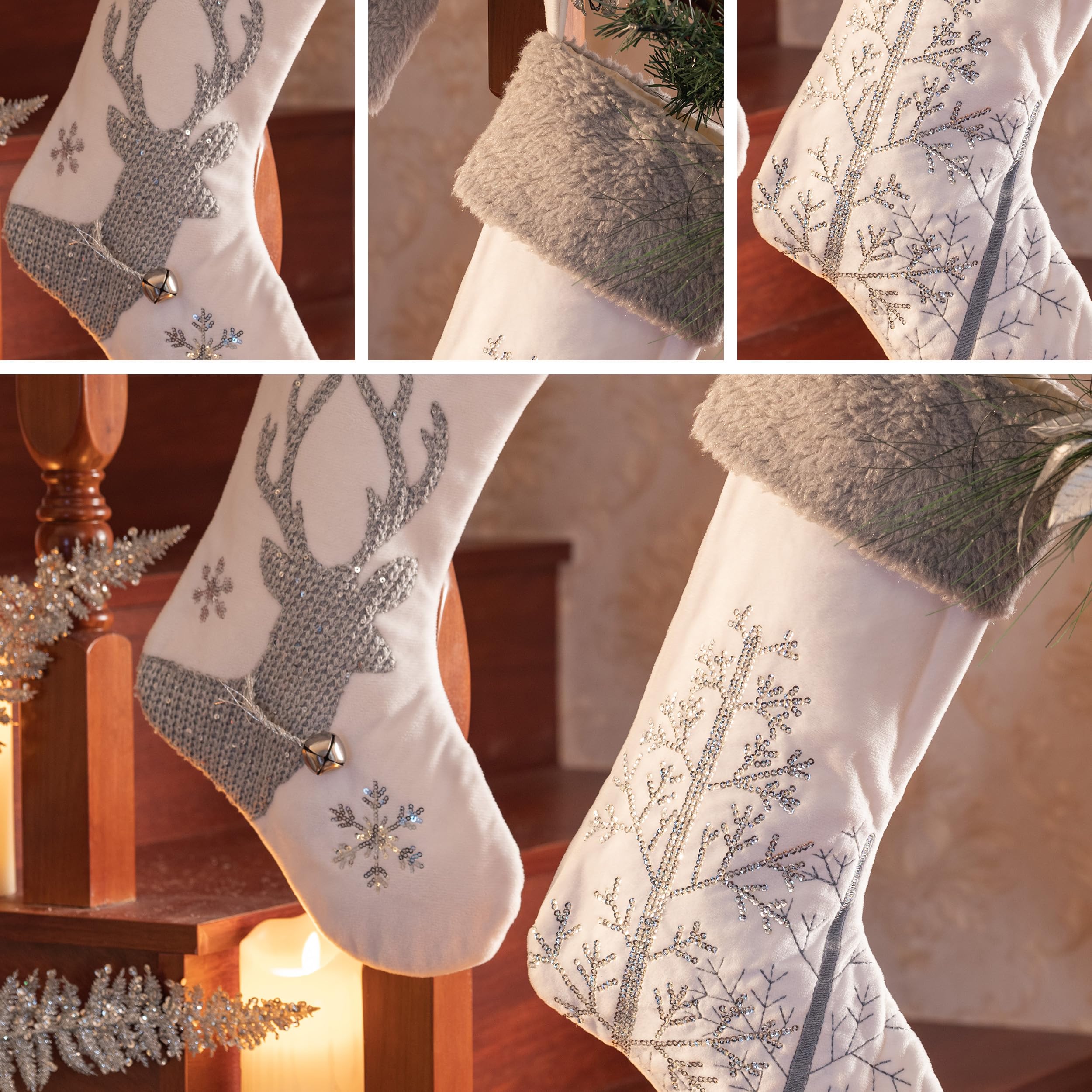 Valery Madelyn Lot de 2 chaussettes de Noël blanches argentées de 53,3 cm, en peluche exquise avec broderie d'élan pour cheminée, décorations de Noël et cadeaux de Noël