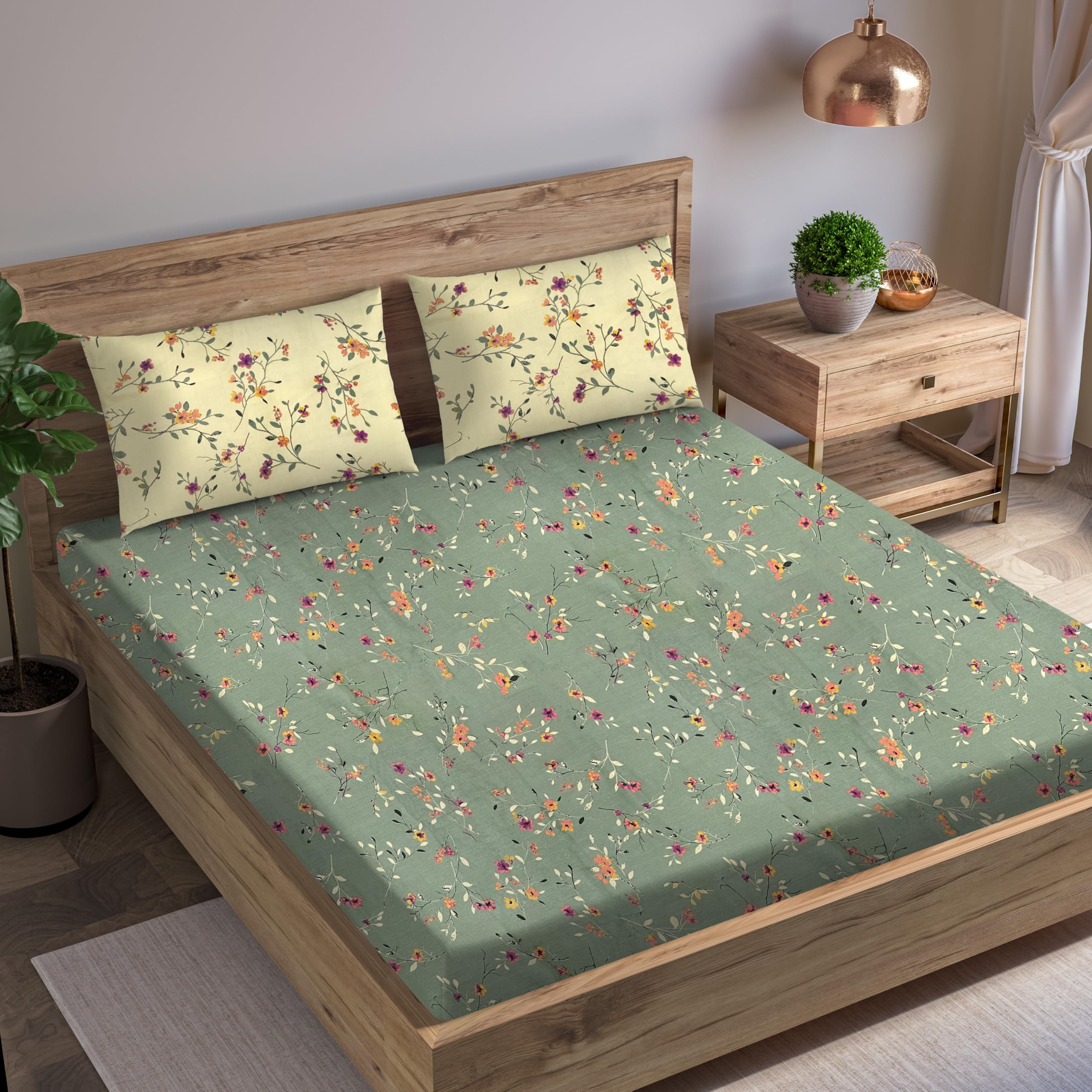 Trance Home Linen 180TC 100% Cotton 78"x72" Standard King Size Elastic Fitted Bedsheet | Printed King Bed Size Elasticated Fitted Bedspread with 2 Pillow Covers (King 78x72 inch, Lilly Green Ivory)-image-13
