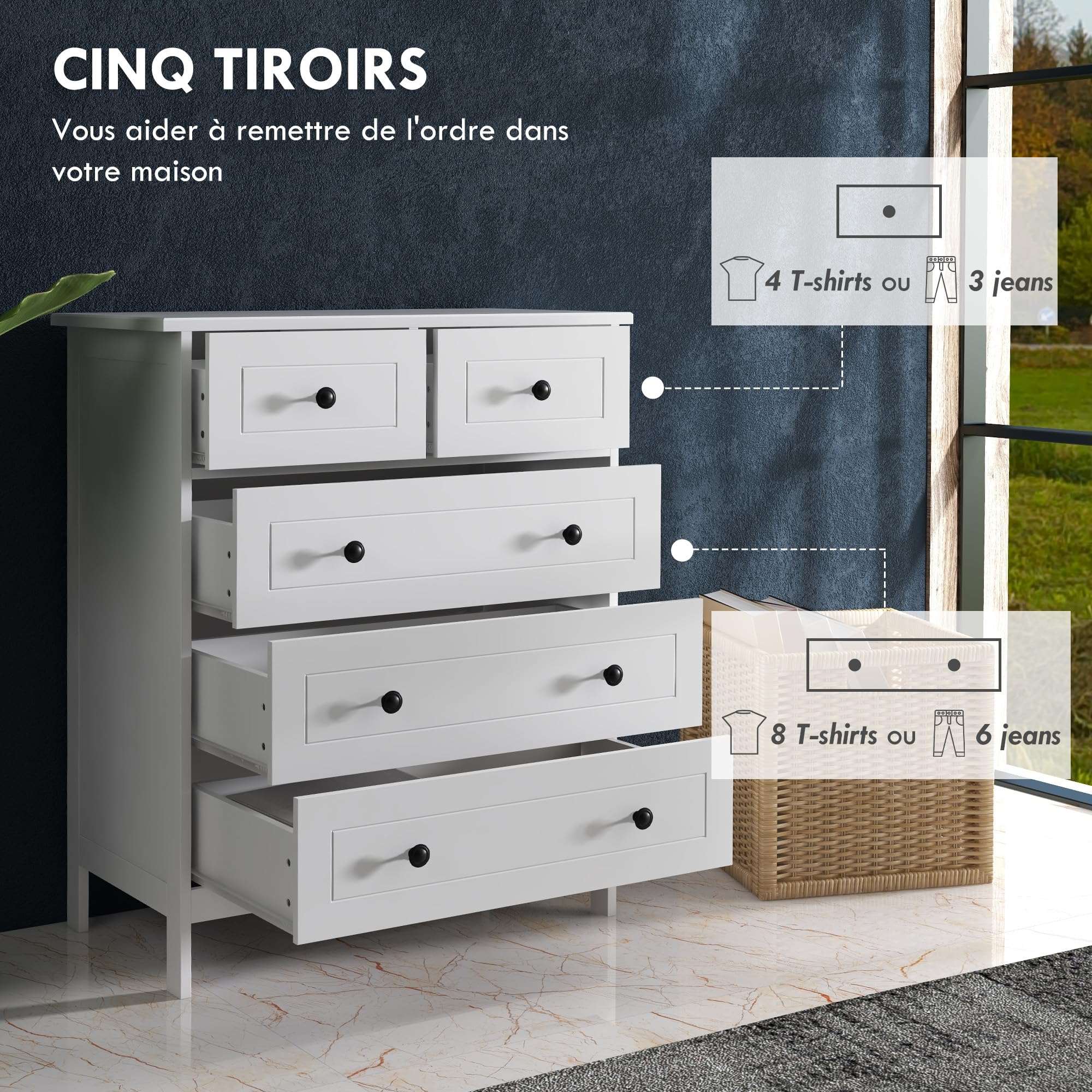 HOMCOM Cassettiera bianca con 5 cassetti, armadio portaoggetti per camera da letto, ufficio, ingresso, stile comtemporano, maniglia in metallo, 74 x 40 x 91 cm