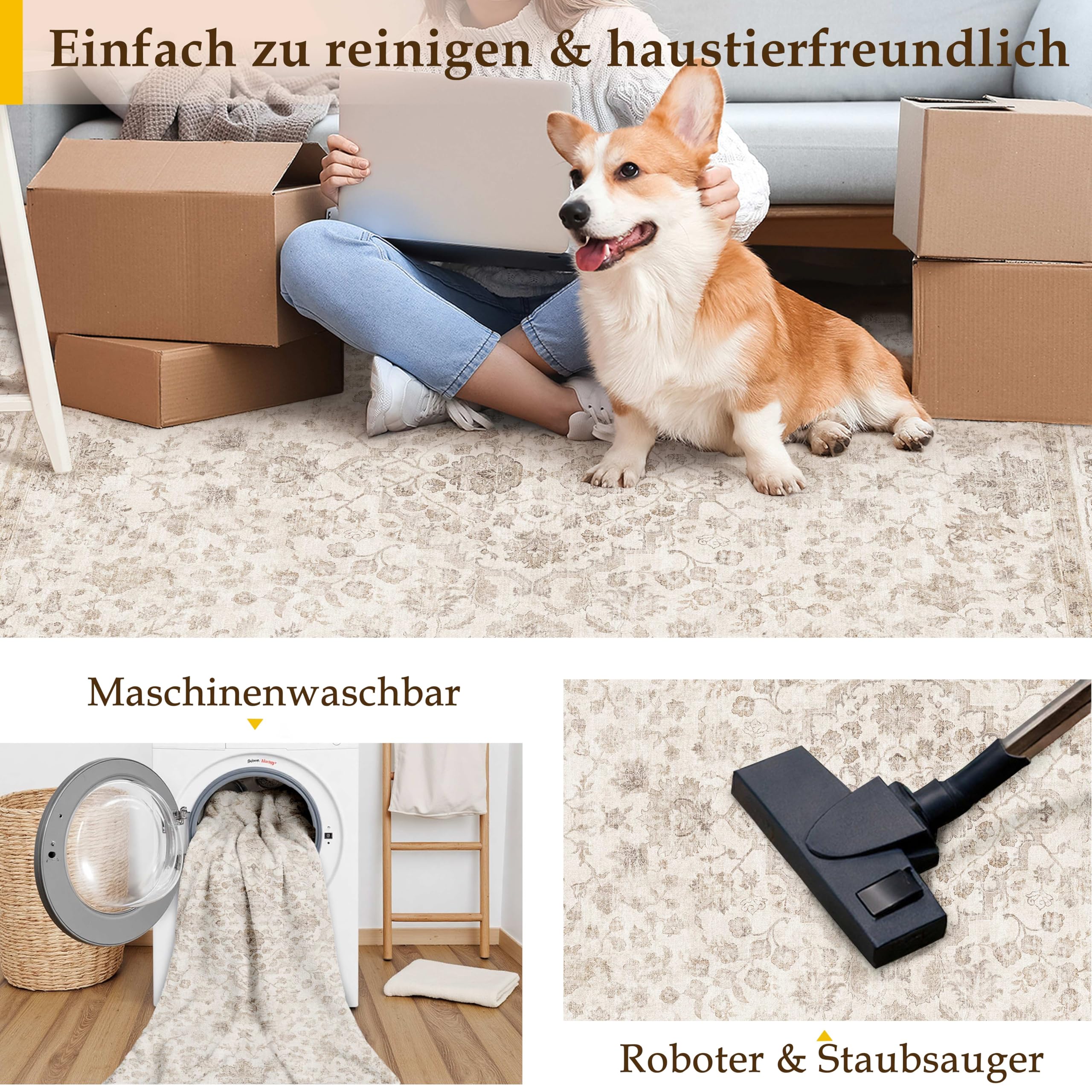 PureCozy Vintage Teppich Wohnzimmer 200x300cm Beige Waschbar Rug | Groß Teppiche,Waschbarer,Rutschfest,Weich Kurzflor,für Wohnzimmer,Schlafzimmer,Esszimmer,Büro