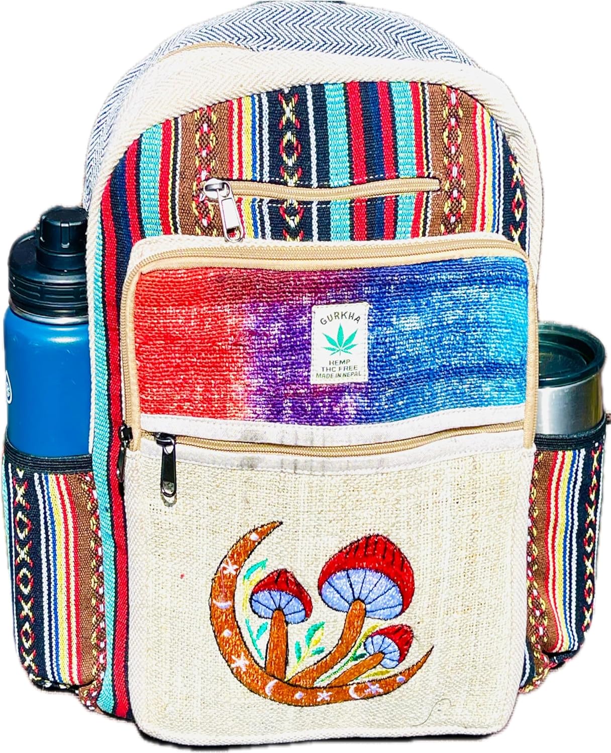 Hemp Backpack – Multi-Pocket Travel Bag, Laptop Unisex Pack, Cotton Stripe Nepali Bag for Festival & Hiking (17 Inch, 2 Large + 2 Bottle Pockets)
