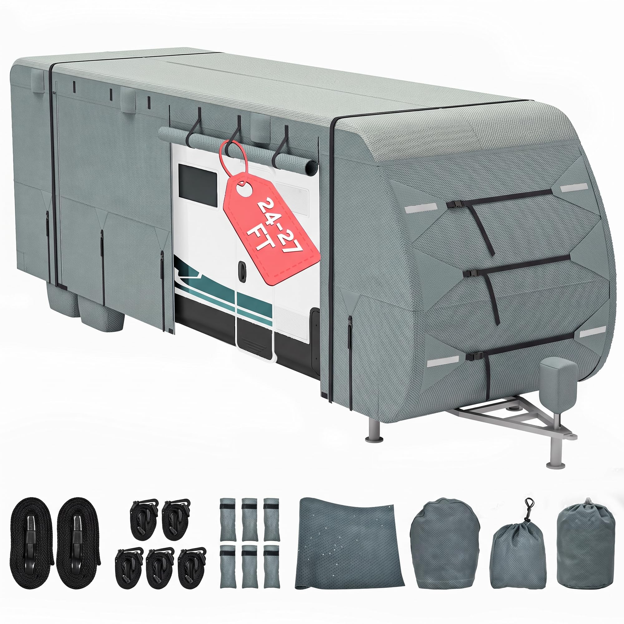 DWVO 24-27ft RV Cover, 5 Layers Travel Trailer Cover Camper Cover Super Thick Waterproof Windproof Anti-UV Rip-Stop Motorhome Covers with 2 Long Straps 4 Tire Covers Tongue Jack Cover