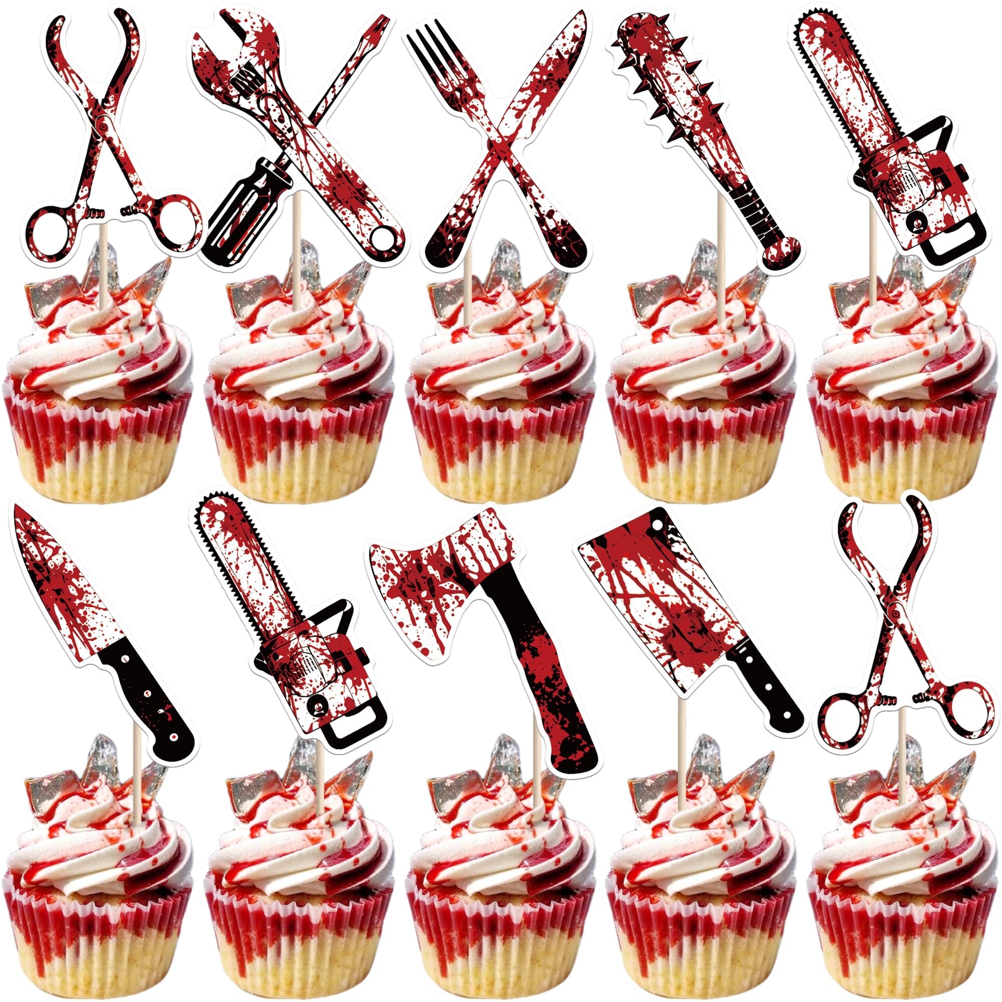 SYKYCTCY 40 Pack Halloween Knife Cupcake Toppers Double Sided Horror Bloody Knife Cupcake Picks for Halloween Theme Have a Killer Birthday Party Cake Decorations Supplies