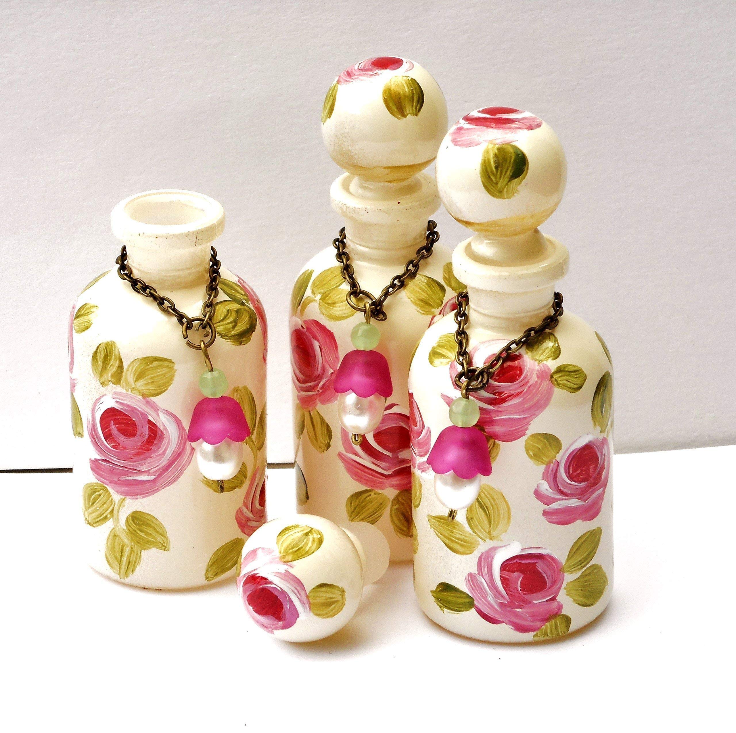 Single Cute Small Miniature Mini Glass Perfume Bottle Apothecary Jar with Stopper Cap Hand Painted Roses Shabby Chic Decor Vanity Accessories Little Gift for Women