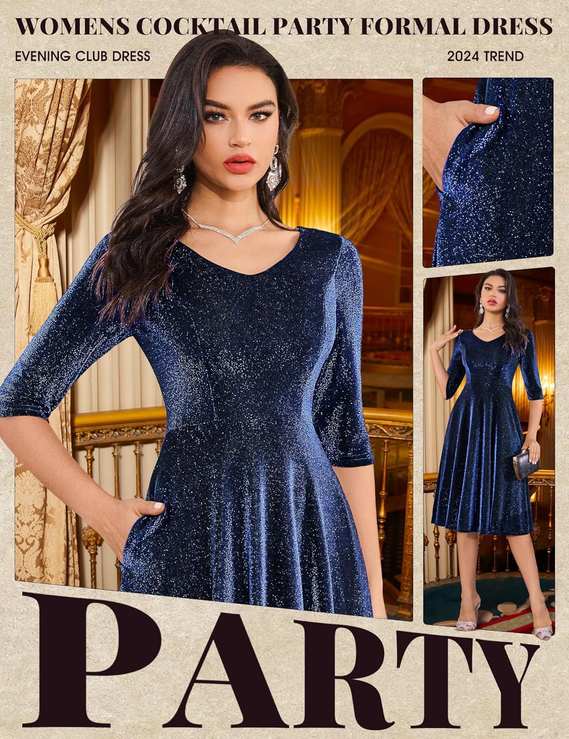 Dressystar Womens Velvet Midi Sequin Cocktail Dress Fall Winter Long Sleeve Formal Wedding Guest Party Dresses with Pocket - Image 5