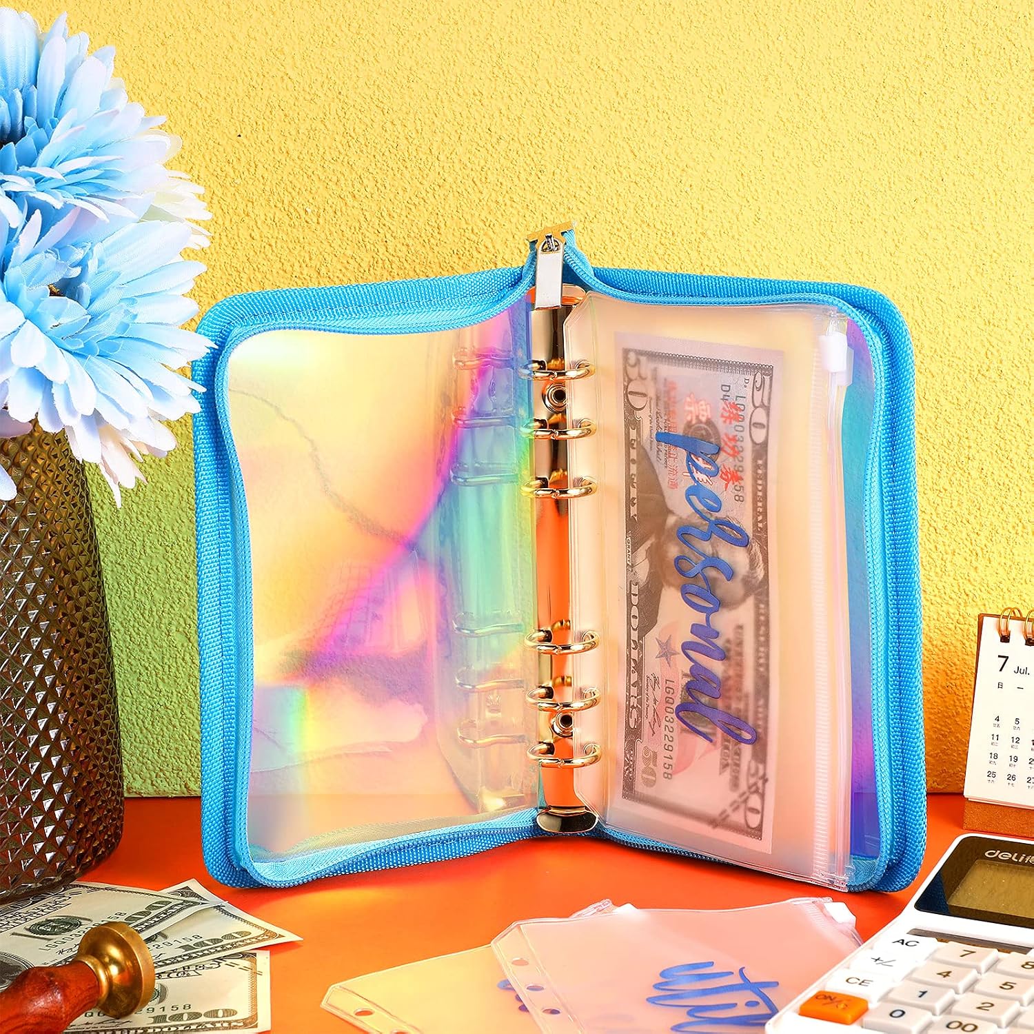 13 Pieces Rainbow Soft PVC Notebook Cover Binder Budget Envelopes System Budget Planner Organizer 6-Ring Binder Cover with Binder Zipper Pockets Binder Zipper Folder (Laser Blue,A6)