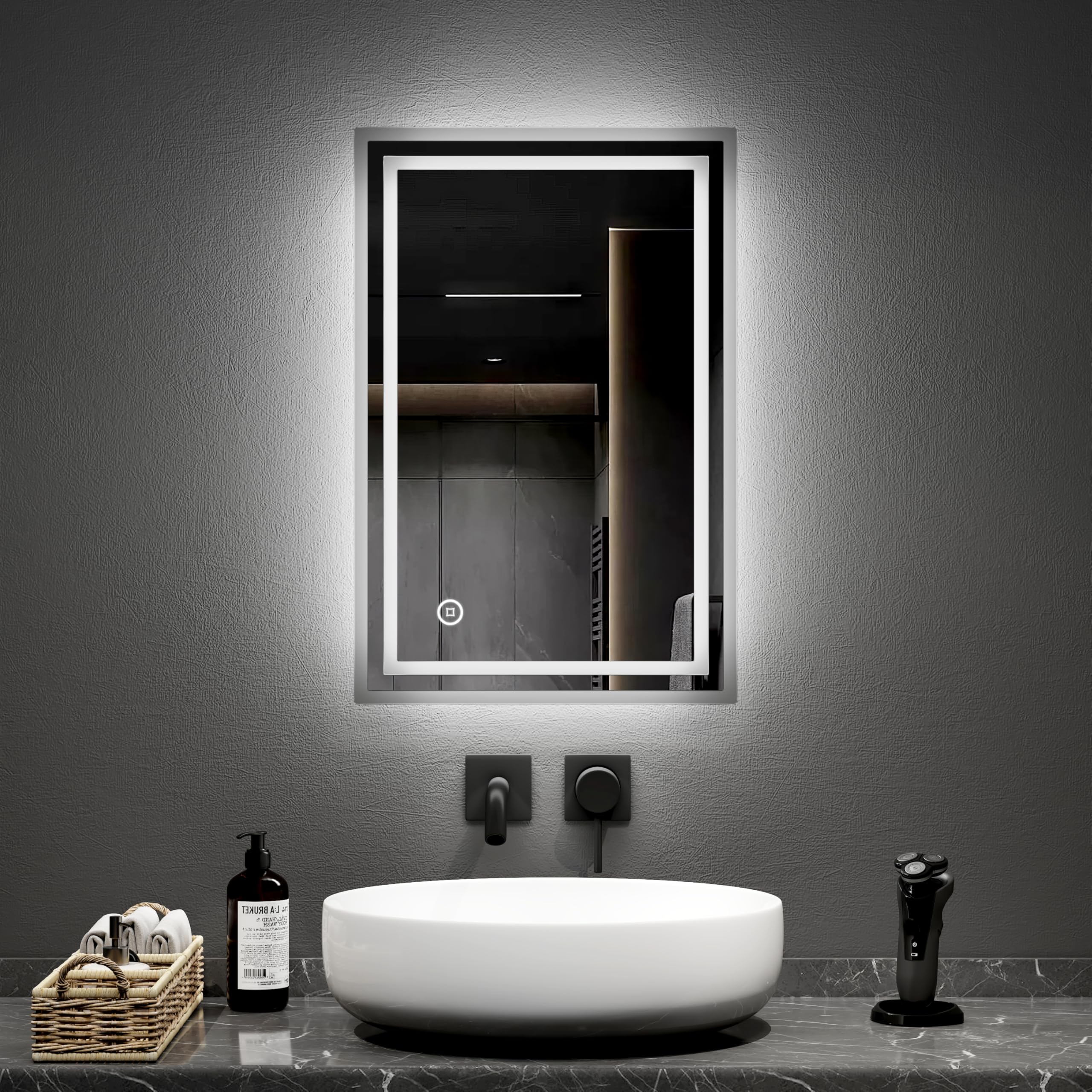 EMKE Bathroom Mirror with LED Lights, 40 x 60 cm Illuminated Wall Mounted Vanity Mirror, Backlit Bathroom Mirrors with Dimmable/Anti-fog/Touch Switch, Hardwired, IP44