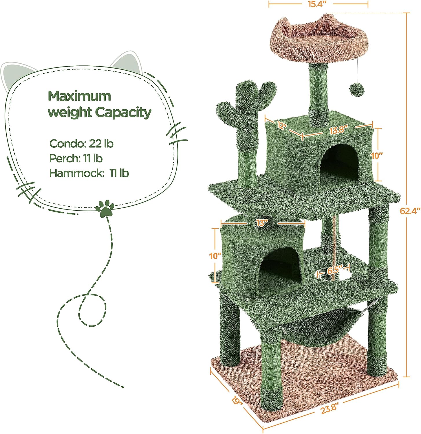 Topeakmart Cactus Cat Tree Tower Sisal-Covered Cat Climbing Tree, Large Cat Play House with Condo, Hammock, Scratching Posts for Small to Medium-Sized Cats 62in H, Green/Brown