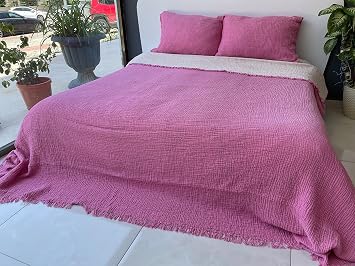 Muslin Blanket 100% Cotton, 4 Layers Bedspread, Soft Turkish Cotton Muslin Bed Cover, Reversible Coverlet, Pink Full/Queen Size 91x95-230x240cm