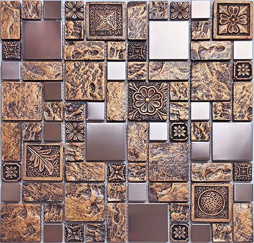 Miniatura 2 de Hominter Azulejo de mosaico de bronce y metal cepillado de resina texturizada de cobre decorativo para salpicaduras de cocina, pared de baño