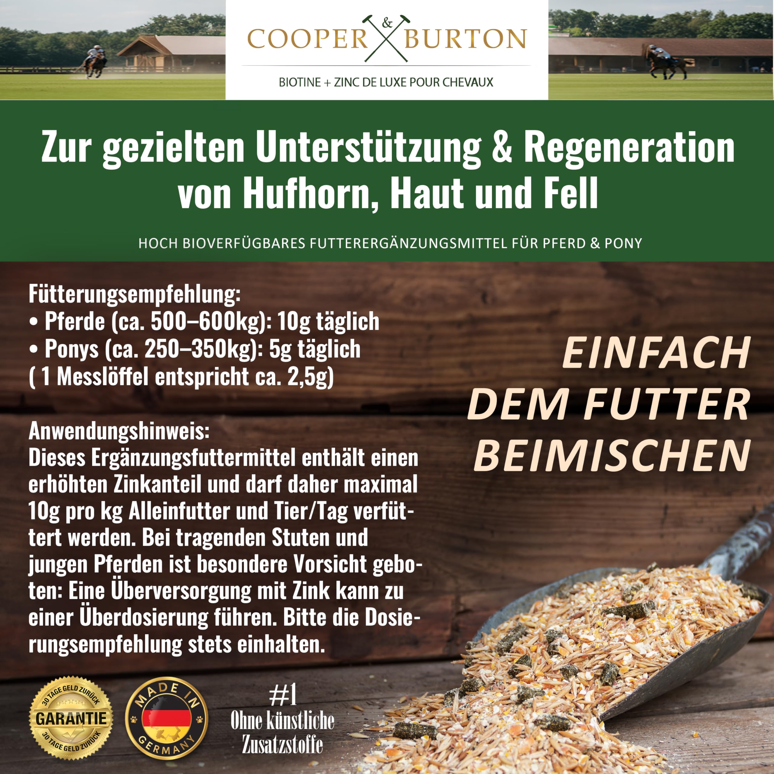 COOPER & BURTON Biotin Zink Pro Huf Complex 750 g – Hochdosierte Rundum-Versorgung für Pferde & Ponys- Premium Pulver für Hufe, Haut, glänzendes Fell & Immunabwehr - bei Mauke, Hufproblemen