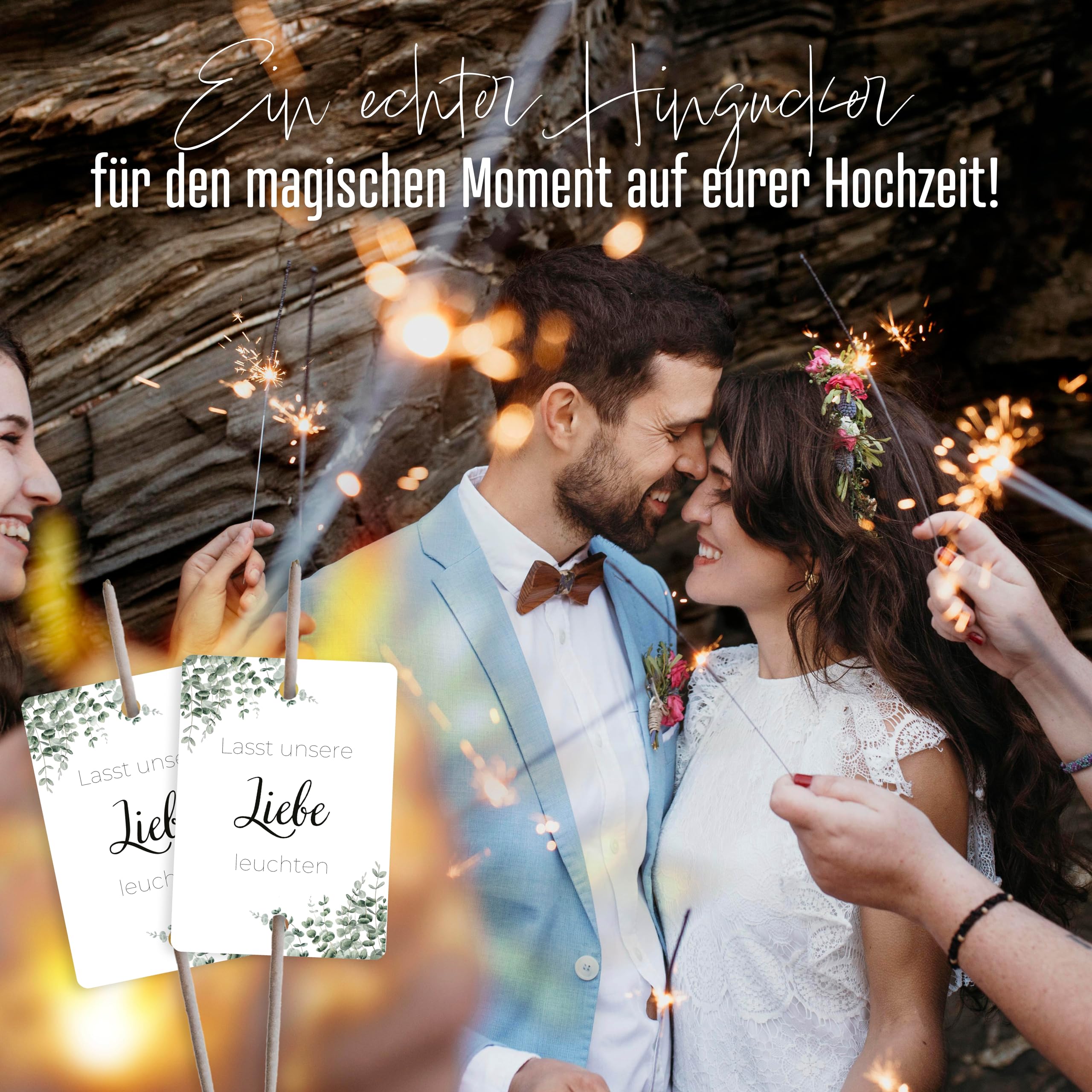 50x Lasst unsere Liebe leuchten Wunderkerzen Hochzeit Etiketten - Schöne, doppelt gelochte Kärtchen für Wunderkerzen und Knicklichter (Eukalyptus, 5 x 7 cm)
