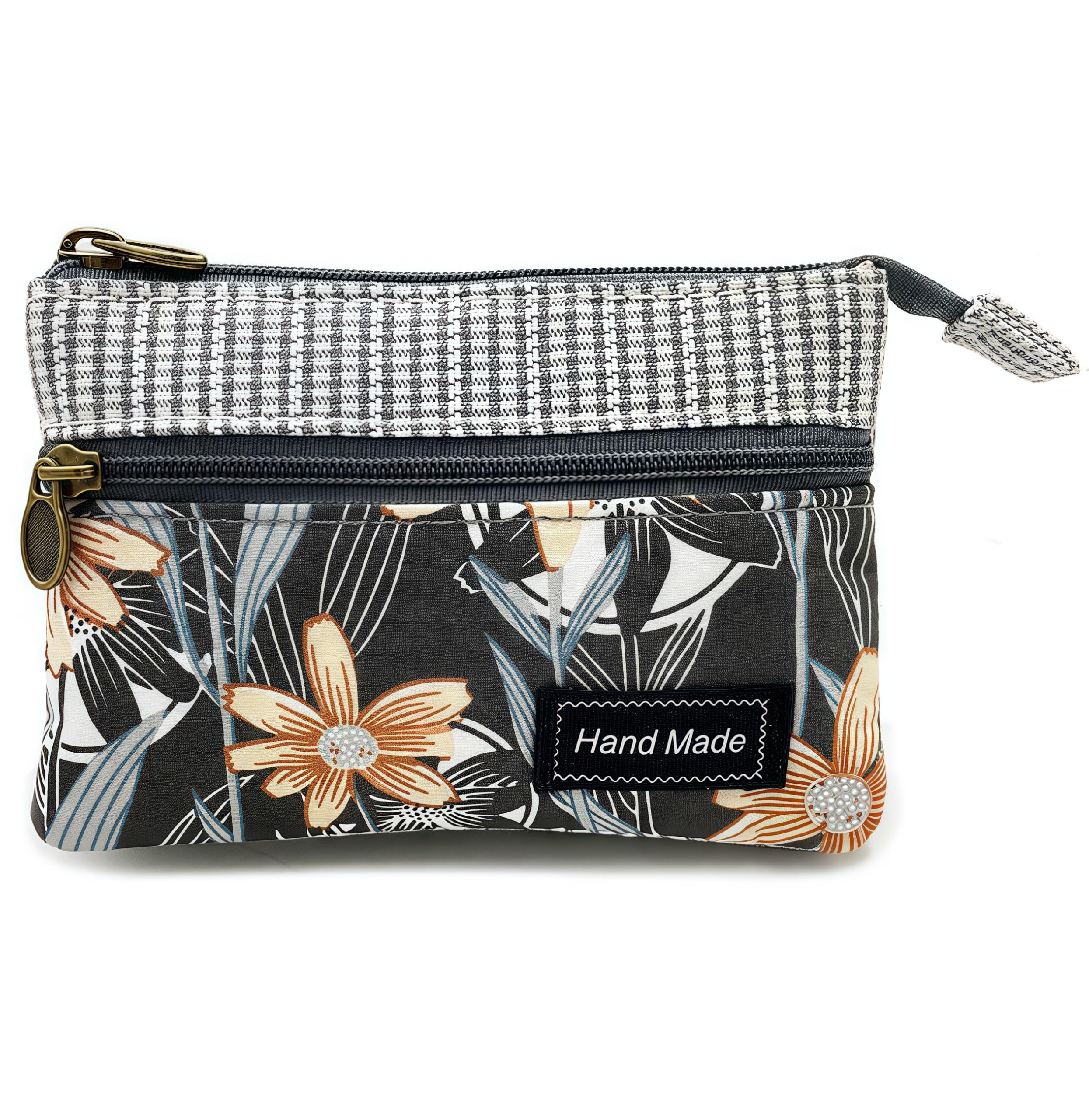 GUXL Women Small Zipper Coin Purse, Handmade Fabric Flower Embroidered Change Pouch, Cotton Double Zipper Wallet