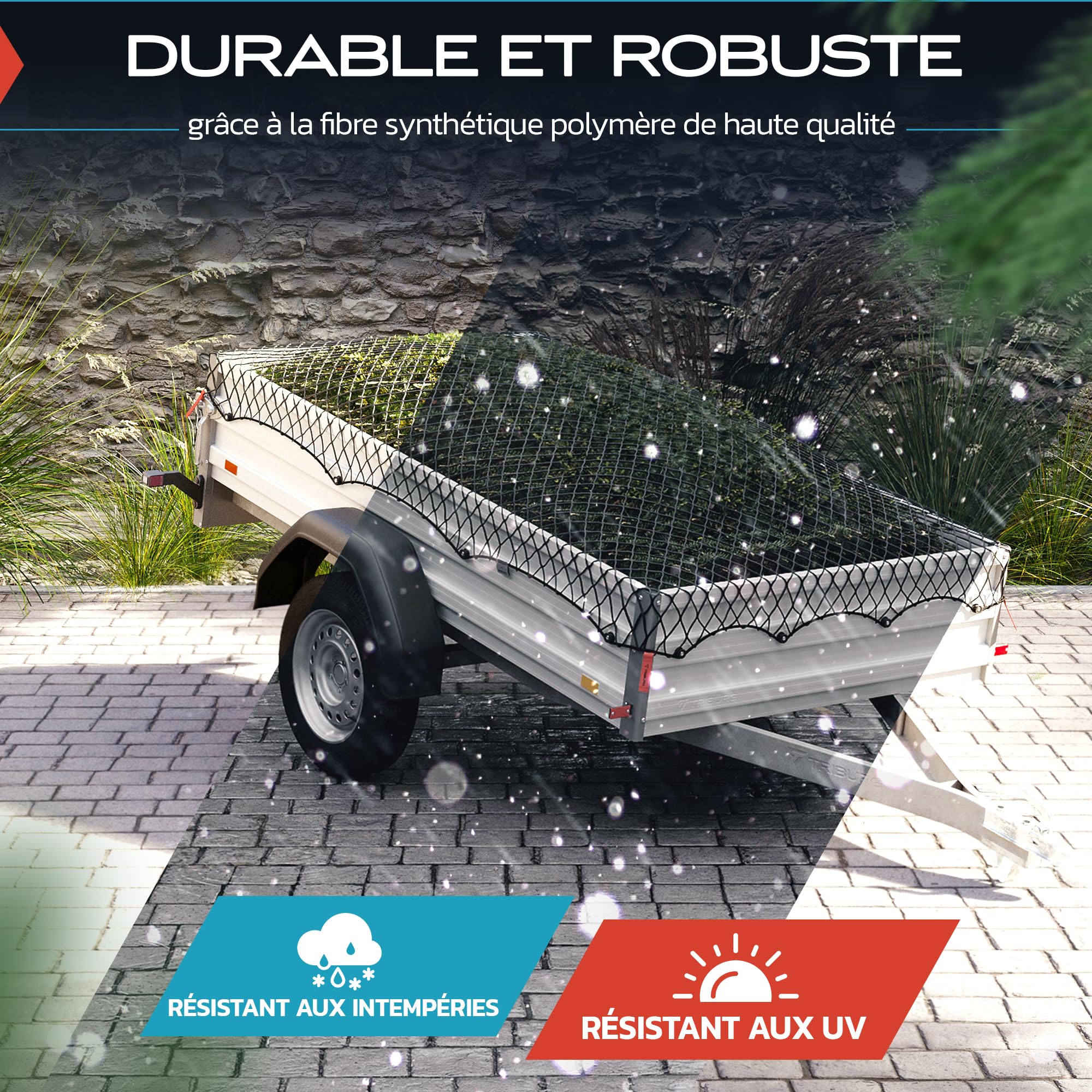 TRIBURG Filet de remorque Extensible pour remorques de 1x2 m à 2x3 m - à Mailles serrées avec Corde en Caoutchouc [Noir/élastique].