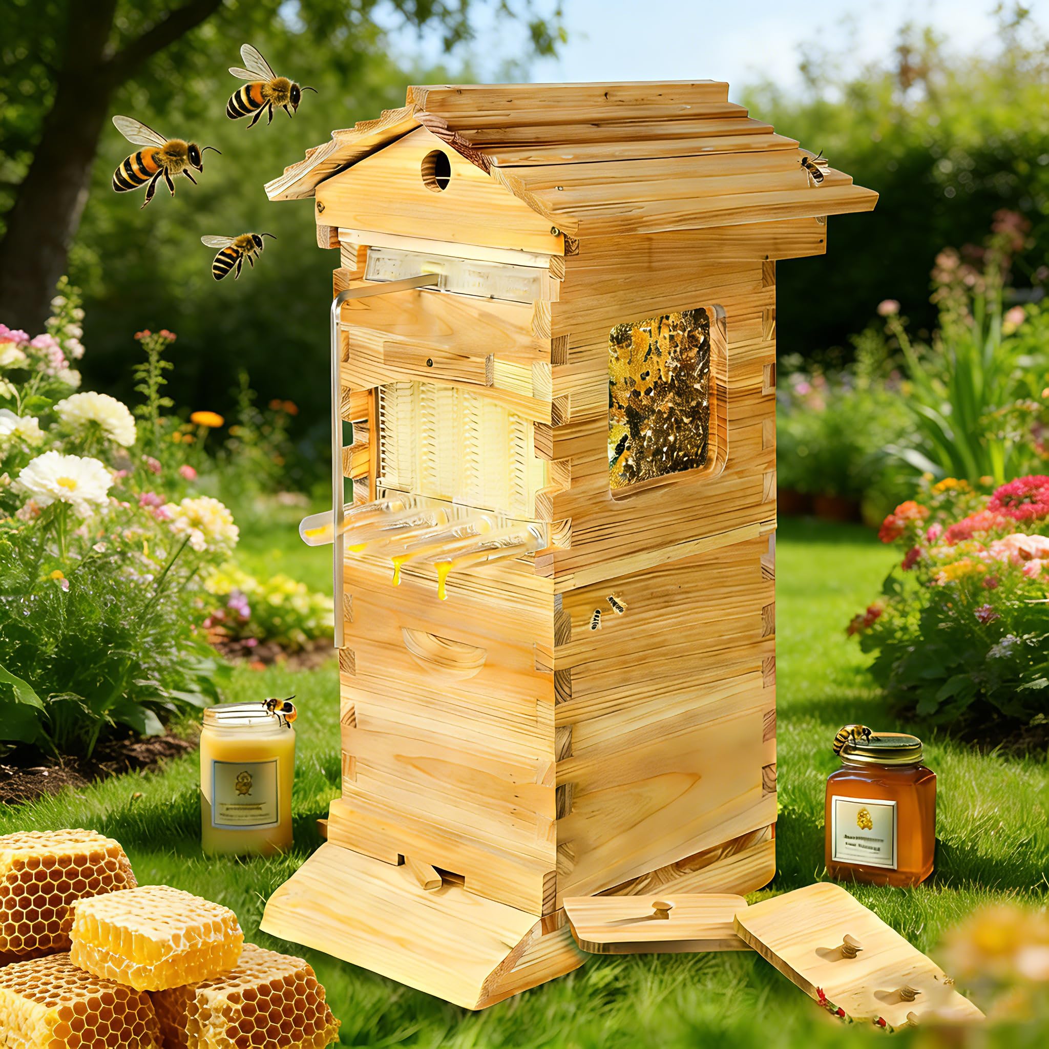 Bienenstock-Starterset,Selbstfließender Honigstock Mit Sichtfenster Und Honigdüse,Kompletter Hölzerner Bienenstock Mit 4 Bienenrahmen Und 6 Honigwaben.