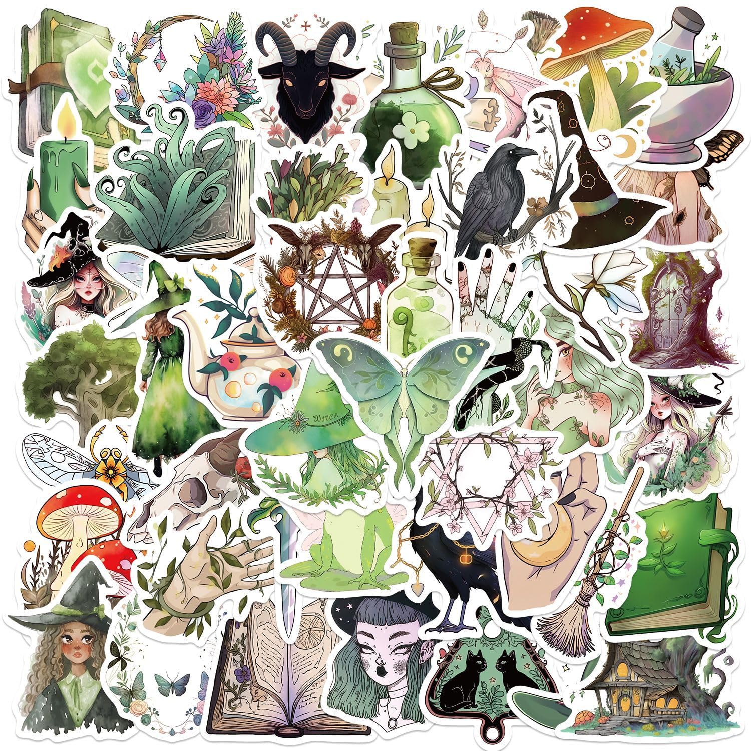 Green Forest Witch Stickers Pack – 50PCS Aesthetic Witchcraft Nature Cottagecore Mystical Waterproof Vinyl Decals for Laptops, Journals, Scrapbooking,