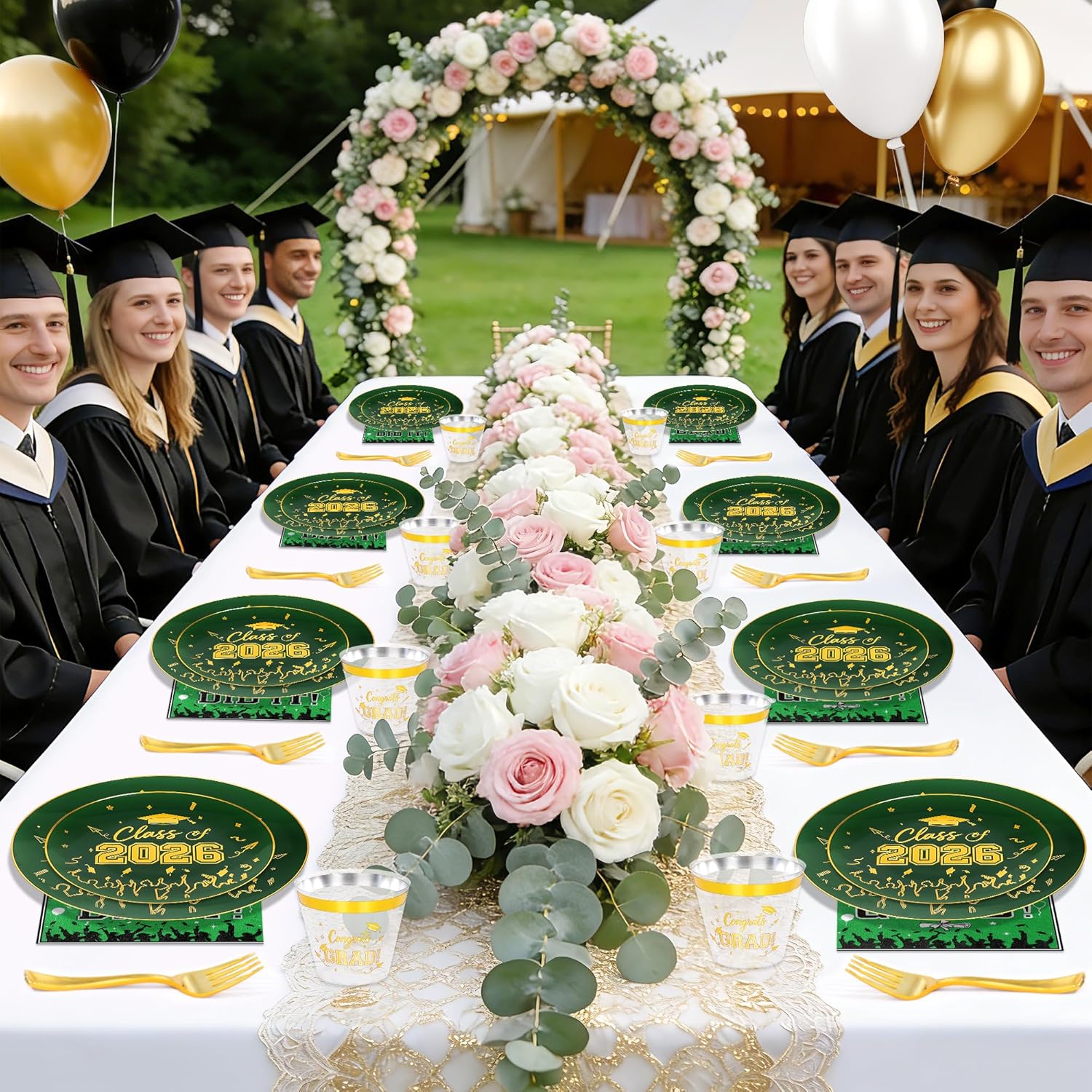 150 Pcs 2026 Graduation Plastic Plates with Disposable Silverware Serves 30 Guests, Green Gold Graduation Disposable Plates Including 30 Dinner&Dessert Plates, Cups, Napkins, Gold Forks for Party