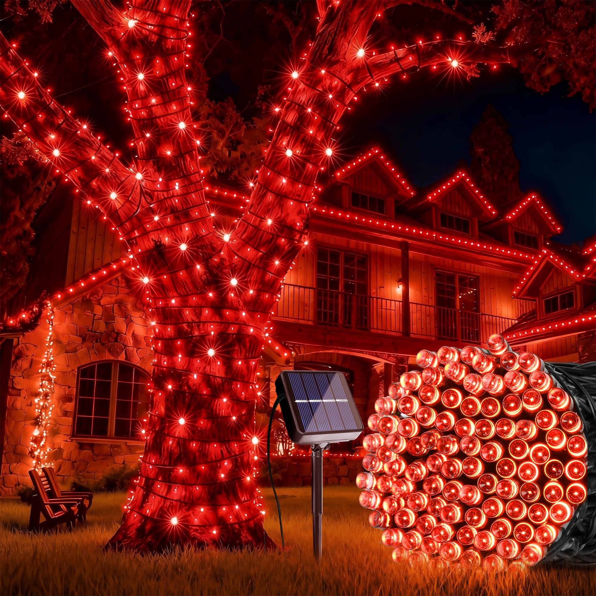 Joomer Solar String Lights, 39FT 100LED Solar Powered Outdoor Fairy Lights, Waterproof 8 Modes Twinkle String Light for Garden Patio Yard Tree Wedding Christmas Decor (Red)