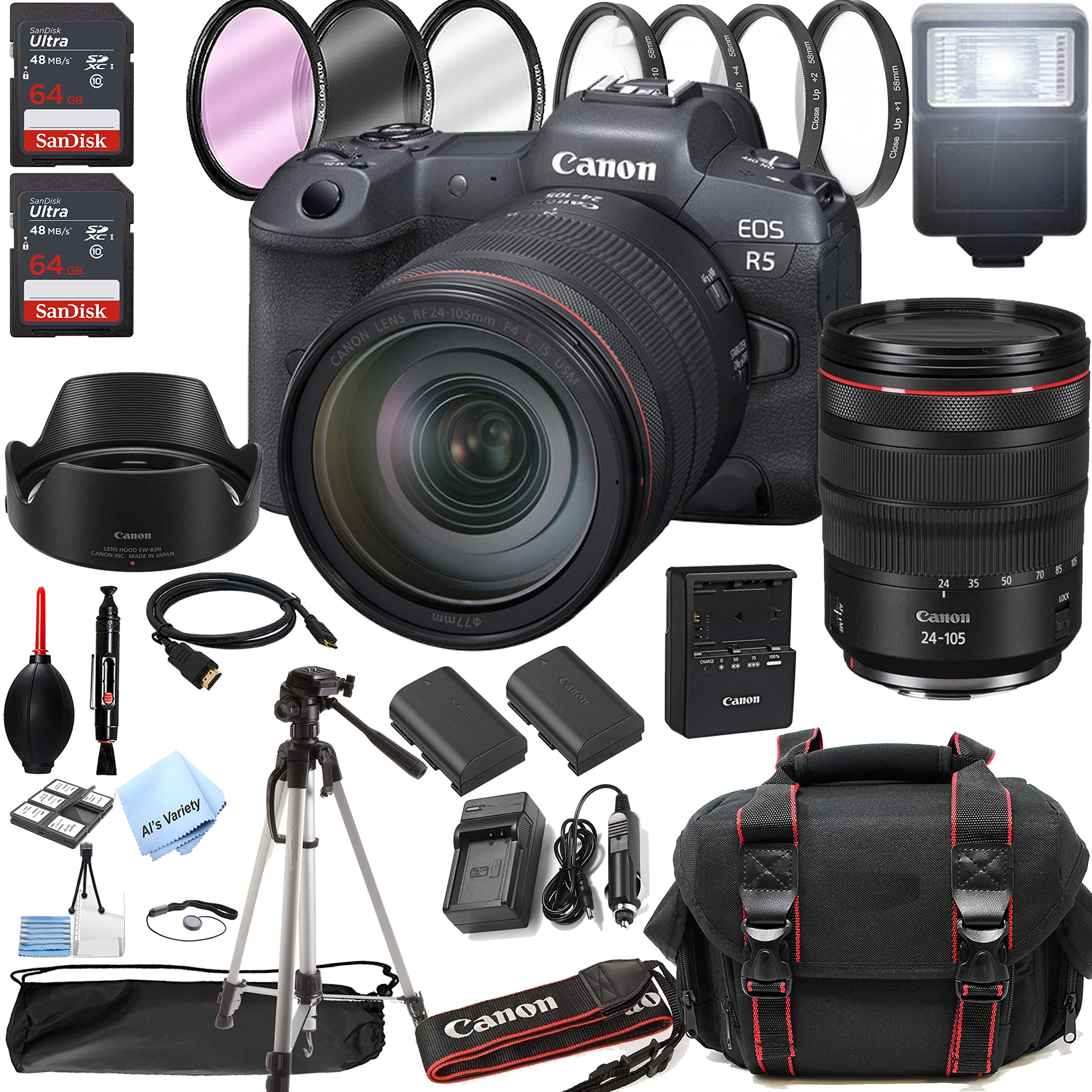 Canon EOS R5 Mirrorless Digital Camera with RF 24-105mm f/4 L is USM Lens + 128GB Memory + Case + Tripod + Filters (36pc Bundle)