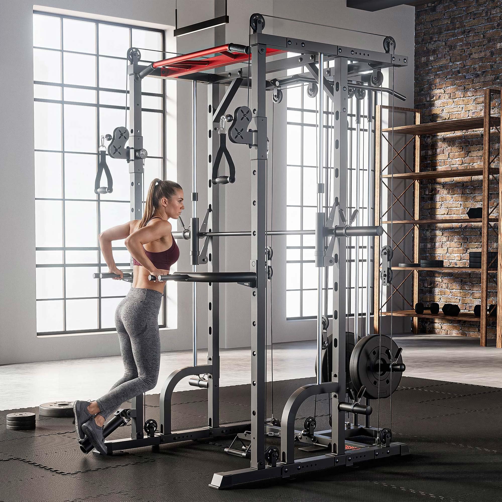 Hop-Sport Power Rack HS-2090K mit Latzug und Smith-Maschine, Power Cage mit Kabelzug, Klimmzugstange, Dip-Barren, Landmine, Multipresse und Sicherheitsablagen, Kraftstation Home Gym