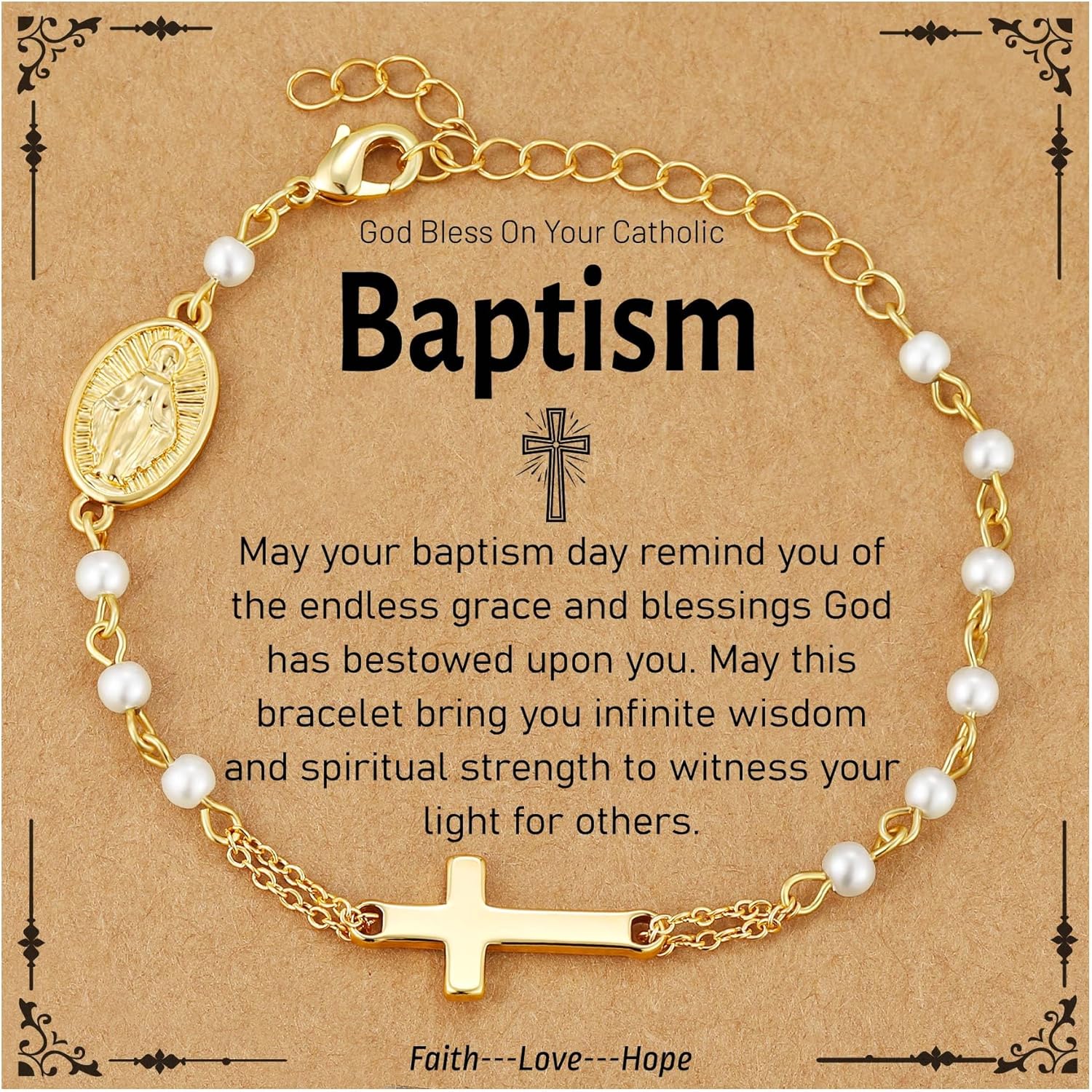Catholic Bracelets Gifts for Women Girls, Simulated Pearl Rosary Beads Virgin Mary Cross Charm Bracelet Confirmation First Communion Baptism Religious Christian Jewelry Gift