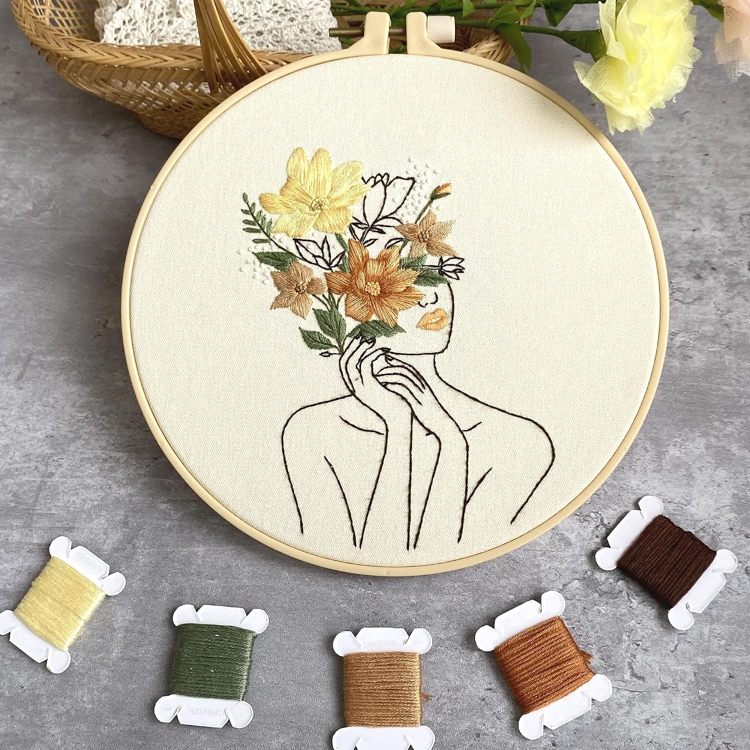 Harimau 3 in Beginner Embroidery Kit,Floral Plant Pattern,Cross Stitch Kits , Including Stamped Embroidery Cloth with 3 Embroidery Hoops, Color Threads and Embroidery Kits