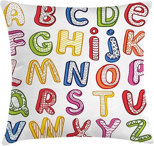 Funda de almohada para el aula de 18 x 18 pulgadas para niños, colorido arco iris, letras ABC, alfabeto inglés, funda de almohada decorativa de lino