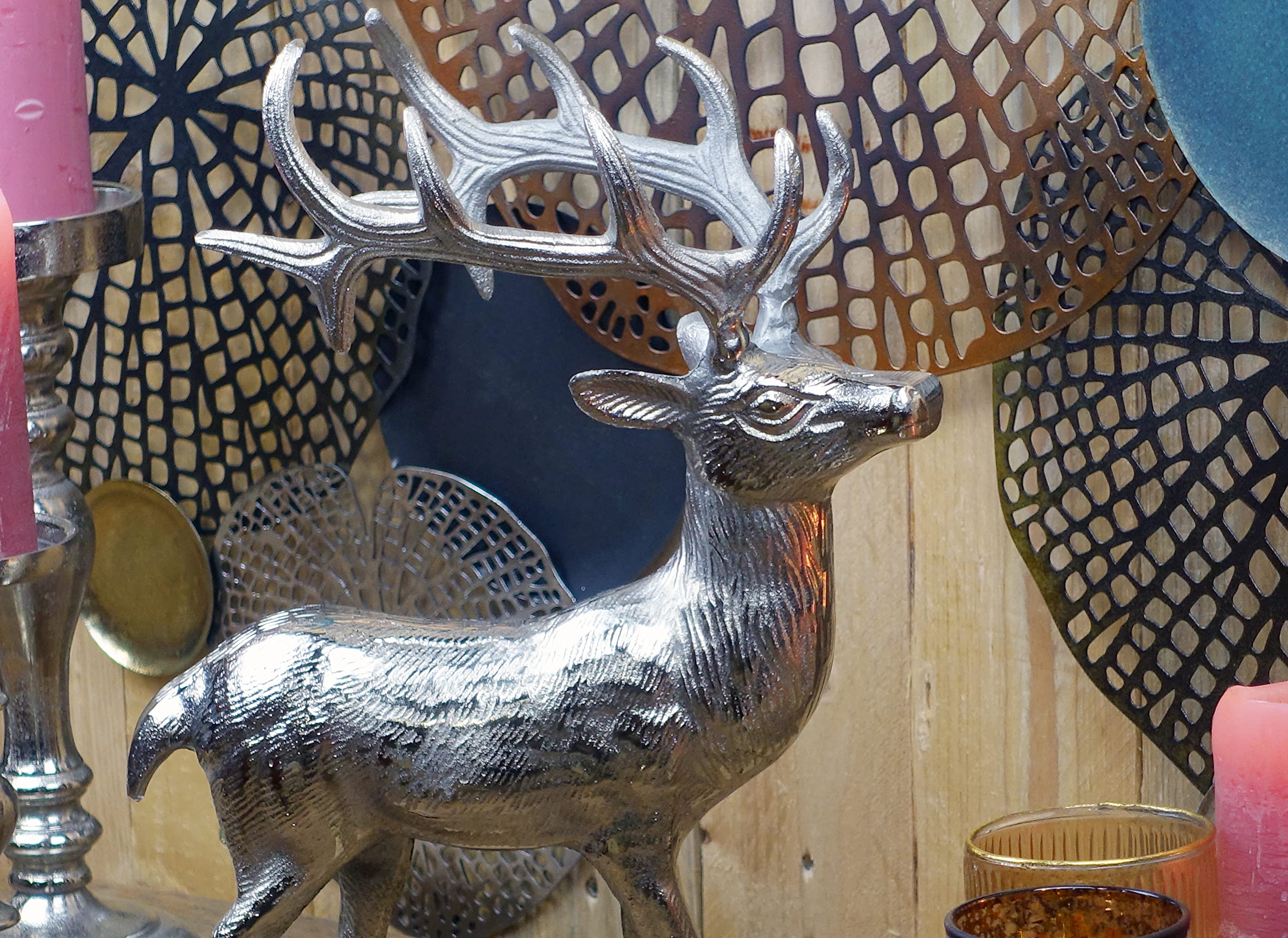 MichaelNoll Hirsch Dekoration - Stehend - Rentier Aluminium Metall Silber - Figur Statue Dekofigur - Deko für Wohnzimmer, Küche, Schlafzimmer - Weihnachten Winter - Hirschgeweih Dekoration XL 37 cm