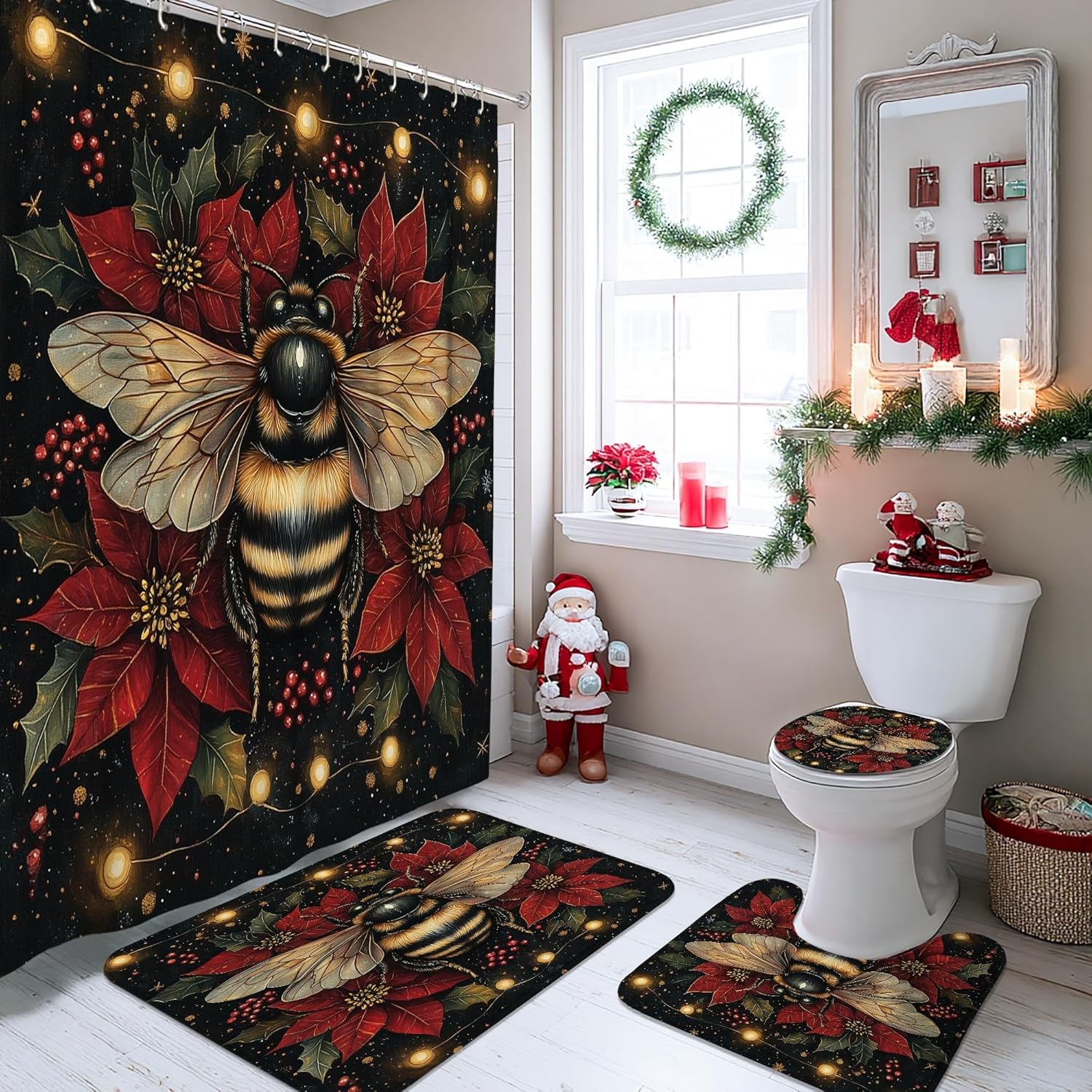 4PCS Vintage Christmas Bee Bathroom Sets, Bath Accessory with Non-Slip Rug, U Shape Toilet Lid Cover Mat, Xmas Poinsettia Insects Bathroom Decor-72''x72''