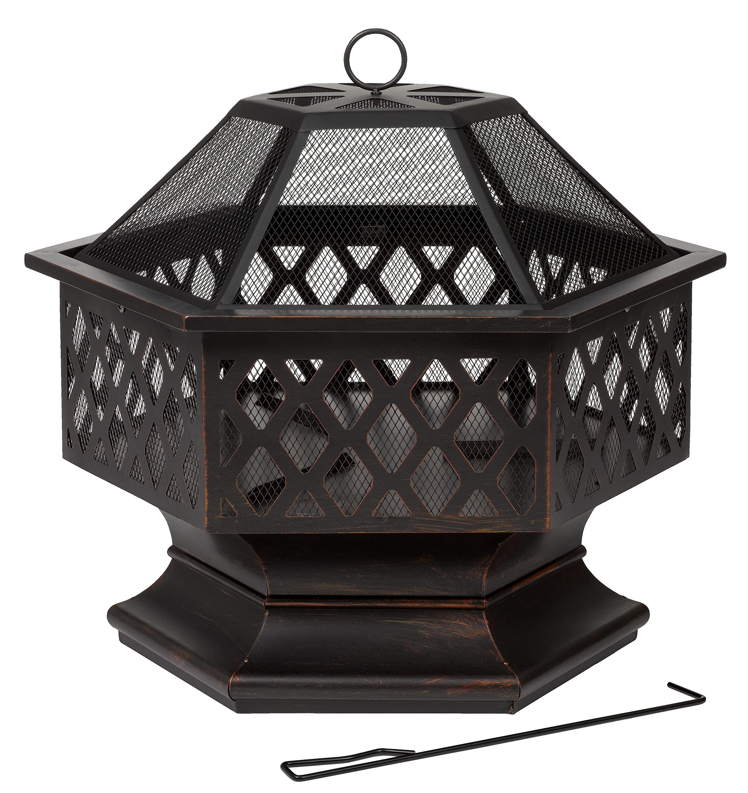 tepro Feuerstelle Farview – sechseckige Garten-Feuerstelle in gebürsteter Bronze-Optik mit Gitterdeckel & Schürhaken – Hexagon-Feuerschale mit hitzebeständiger Lackierung, 70 x 60,5 x 62 cm