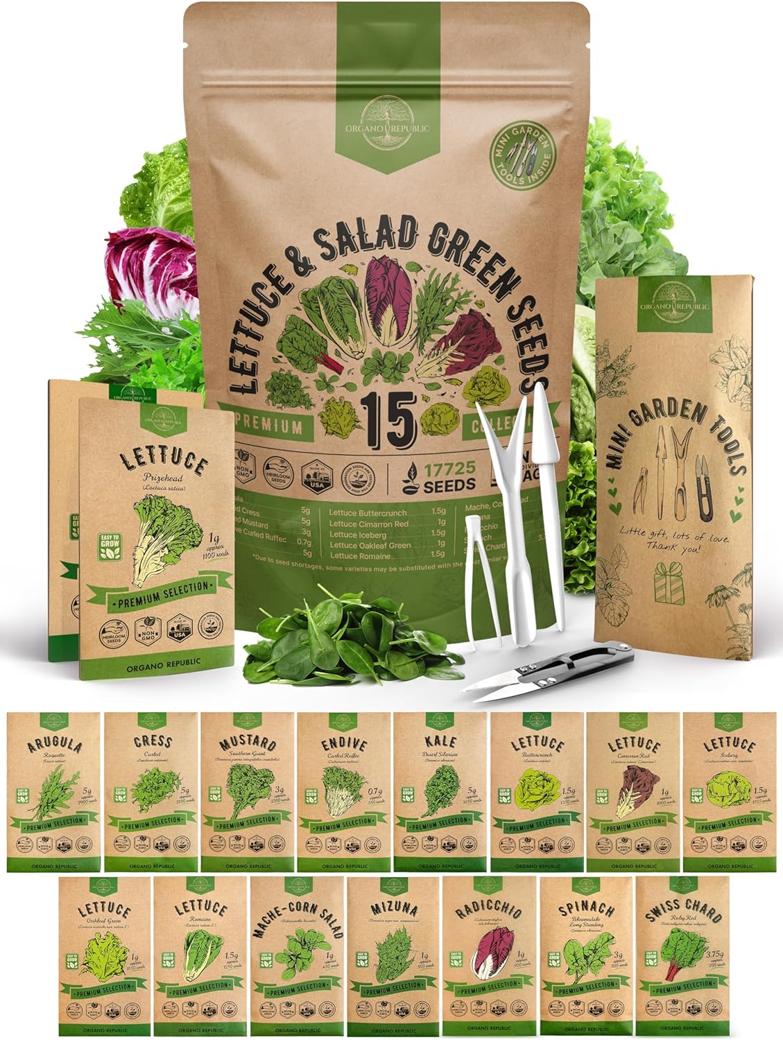 Organo Republic 15 Lettuce & Salad Greens Seeds Variety Pack 17700+ Non-GMO Heirloom Lettuce Seeds for Indoors & Outdoors Garden, Hydroponics, Aerogarden – Arugula, Kale, Spinach, Swiss Chard, Lettuce Organo Republic 15 Lettuce & Salad Greens Seeds Variety Pack 17700+ Non-GMO Heirloom Lettuce Seeds for Indoors & Outdoors Garden, Hydroponics, Aerogarden – Arugula, Kale, Spinach, Swiss Chard, Lettuce